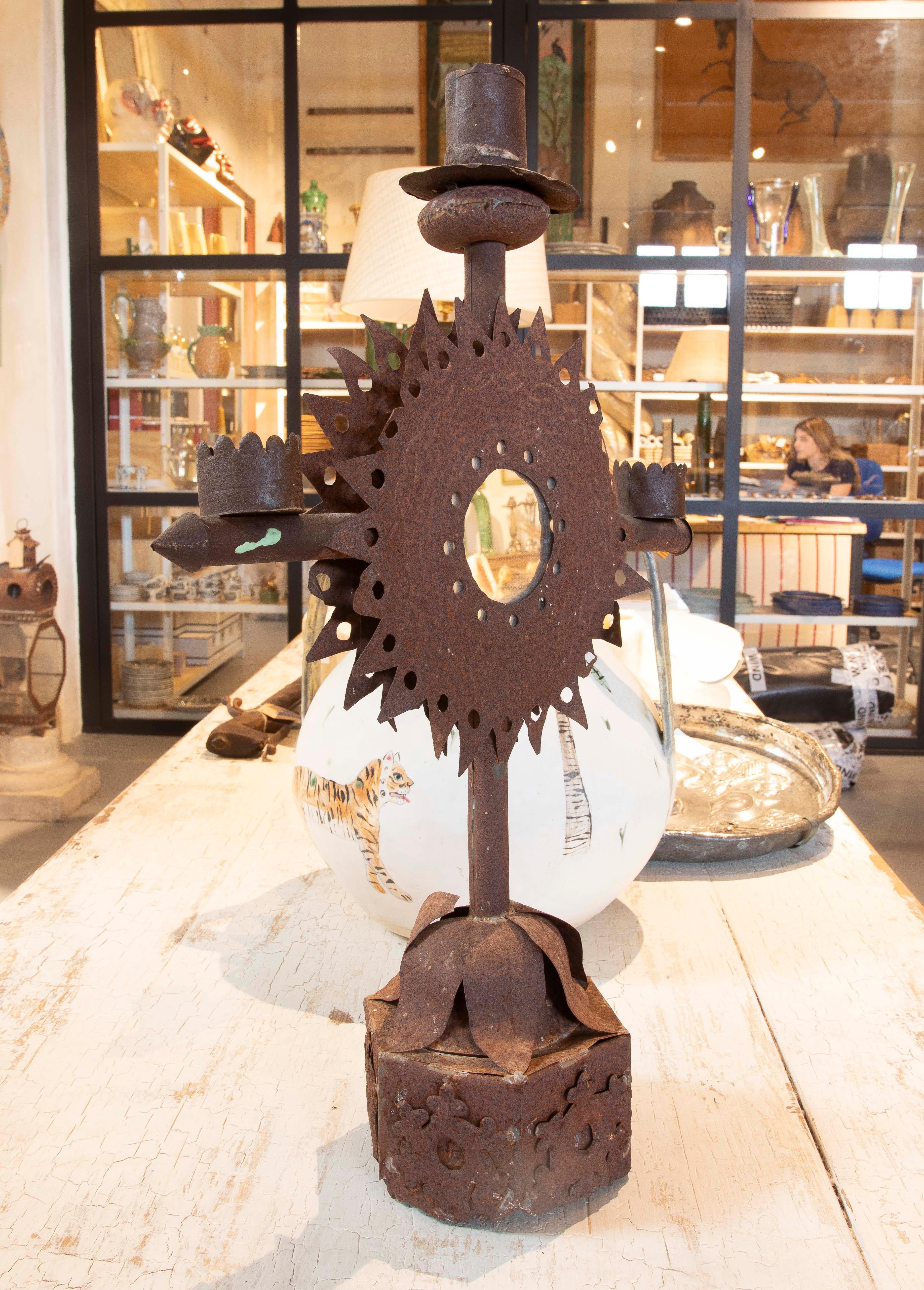 1950s Spanish Iron Candlestick for Three Candles with Round Mirror In Good Condition For Sale In Marbella, ES