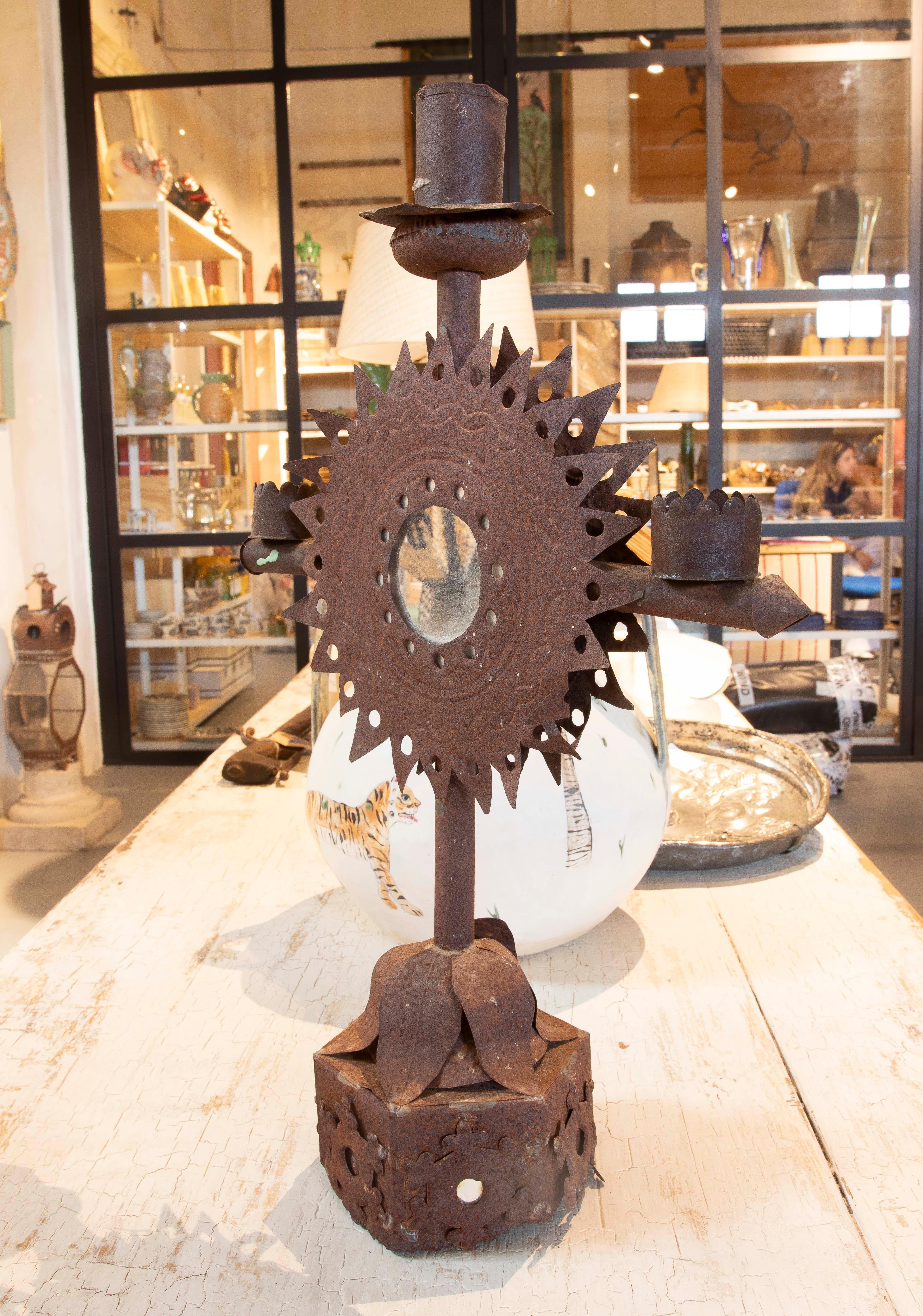 20th Century 1950s Spanish Iron Candlestick for Three Candles with Round Mirror For Sale