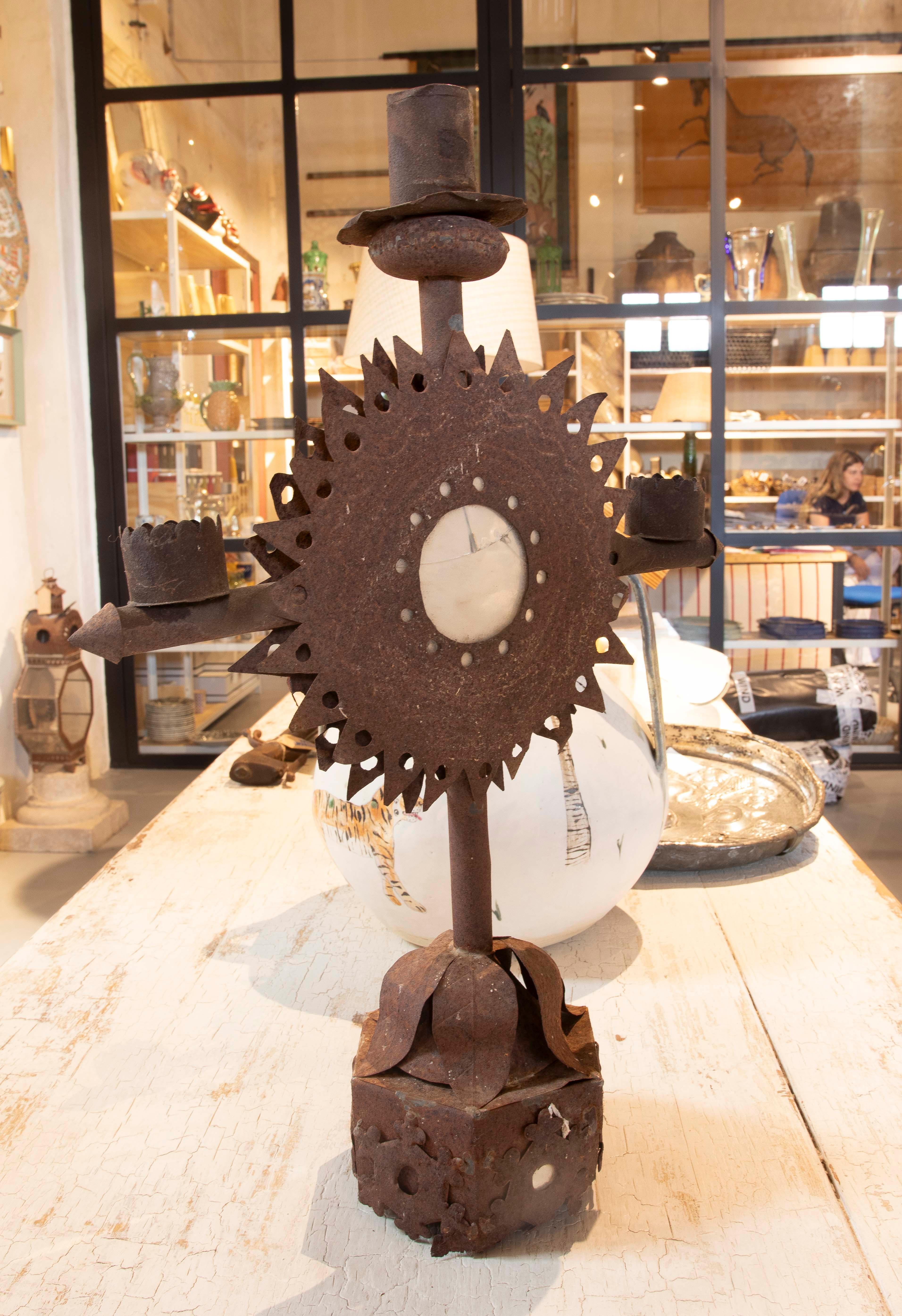 1950s Spanish Iron Candlestick for Three Candles with Round Mirror For Sale 1