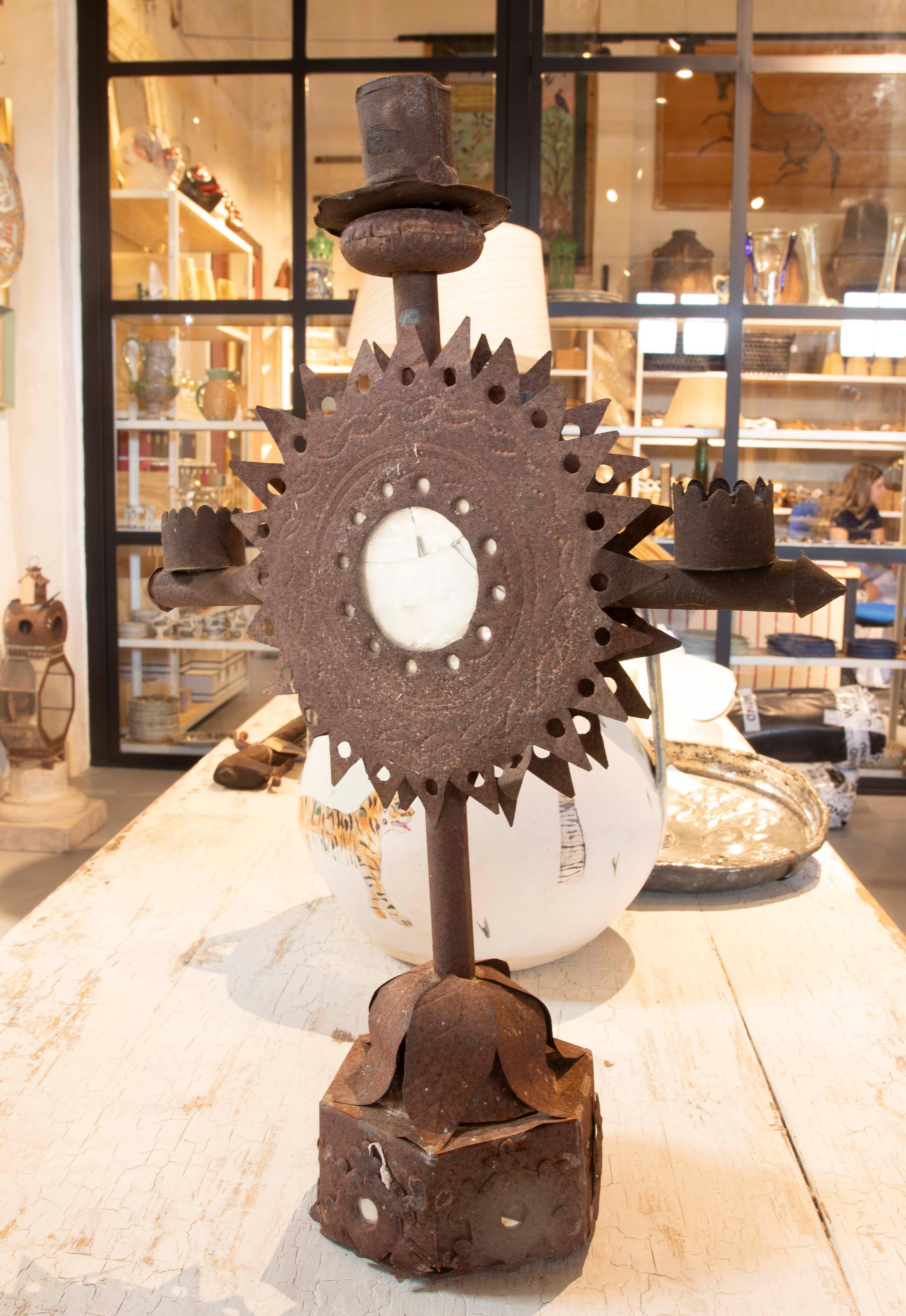 1950s Spanish Iron Candlestick for Three Candles with Round Mirror For Sale 2