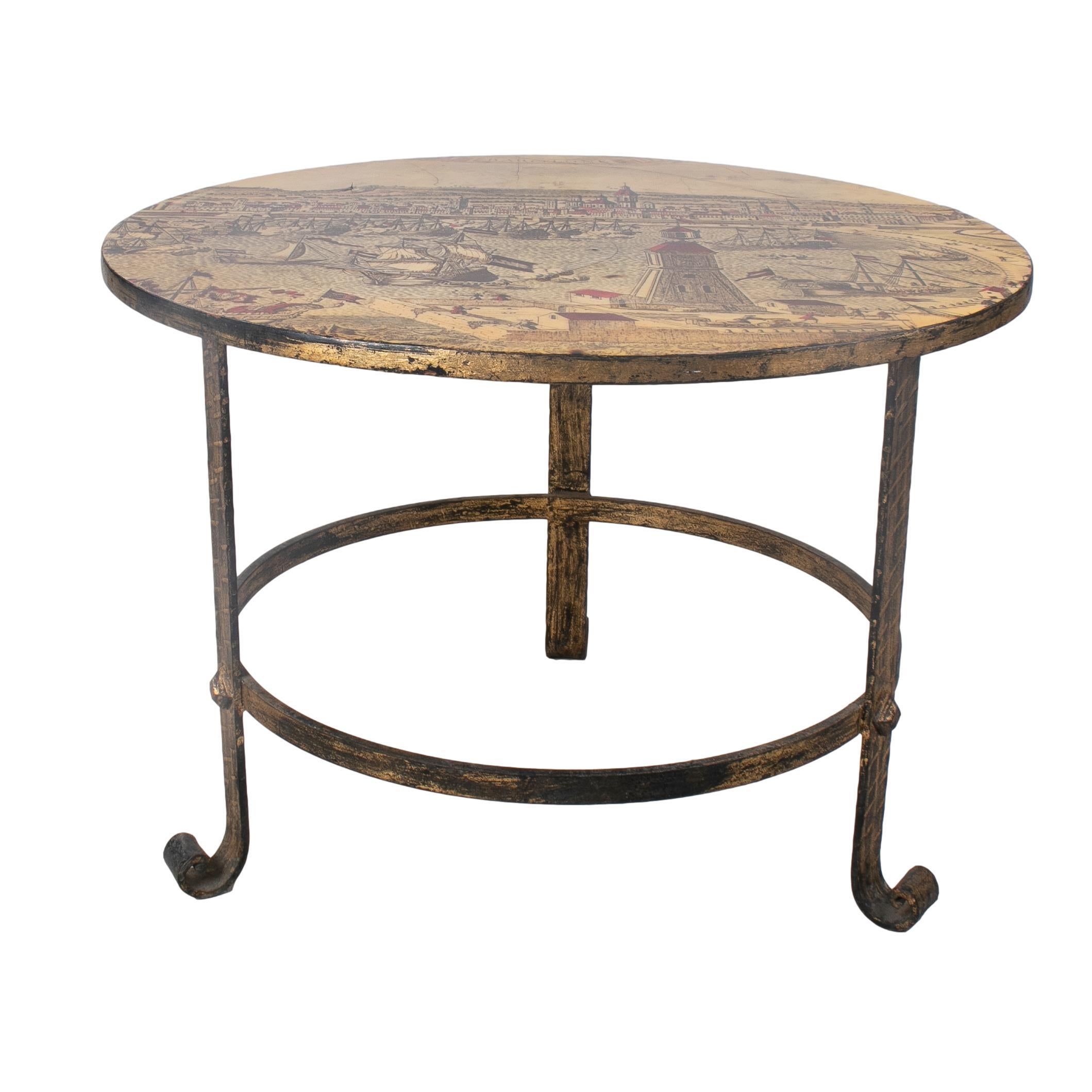 1950s Spanish iron round table with medieval port scene.