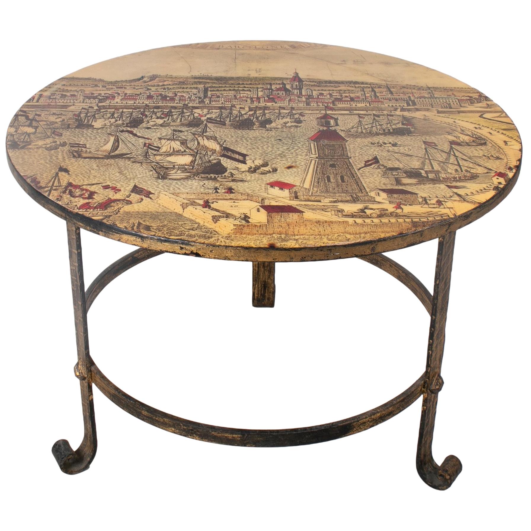 1950s Spanish Iron Round Table w/ Medieval Port Scene