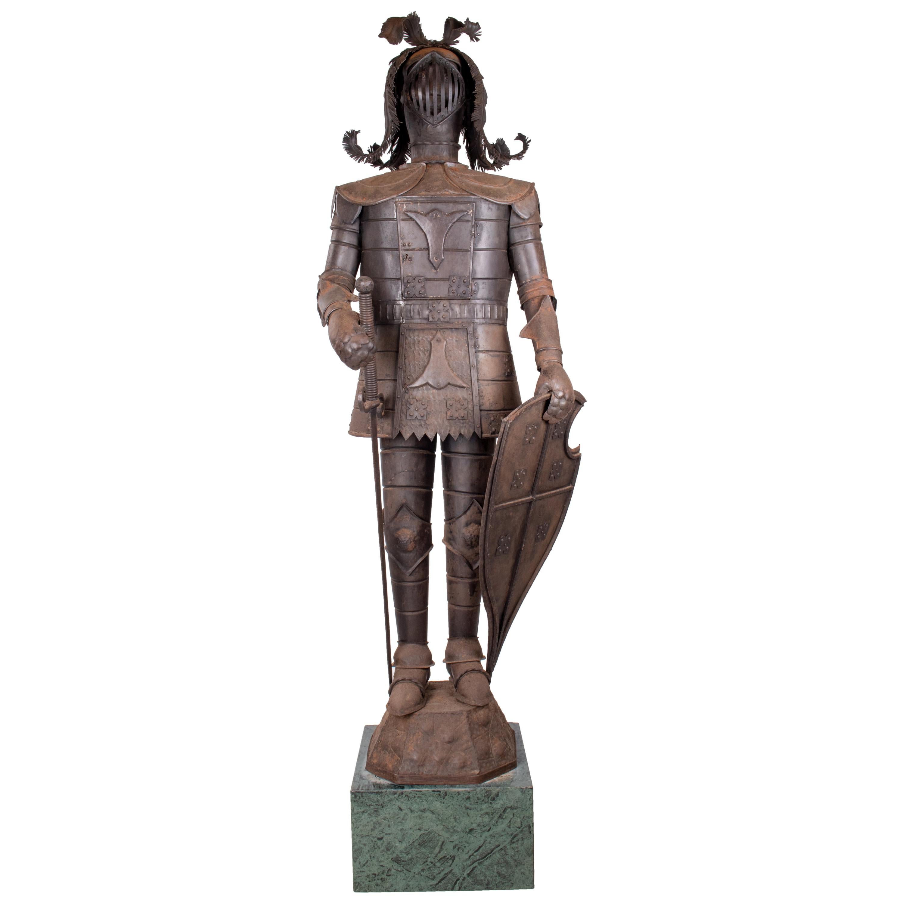 1950s Spanish Iron Suit of Armour on a Green Serpentine Marble Pedestal