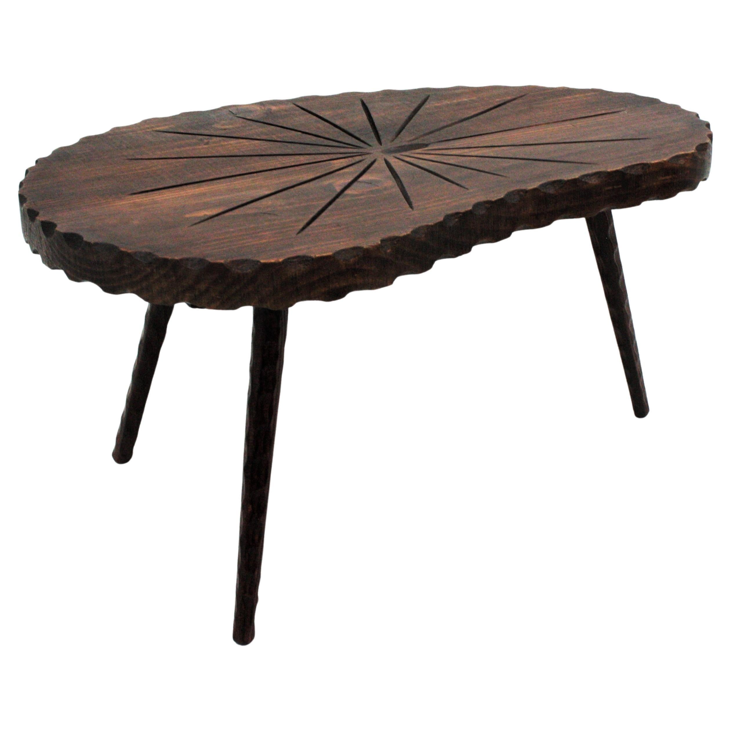 Mid-Century Modern 1950s Spanish Kidney Coffee Table in Carved Wood For Sale