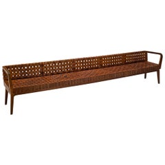 1950s Spanish Long Bench in Basket Weave Leather and Oak 341cm/134.25in.