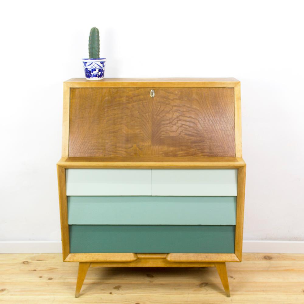 Midcentury secretary desk completely restored and renovated with blue-turquoise gradient paint on the drawers and inside of desk. 

Stylish design with two small drawers on the top and two large drawers on the bottom for abundance of