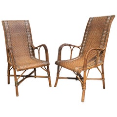 1950s Spanish Pair of Handwoven Wicker Armchairs