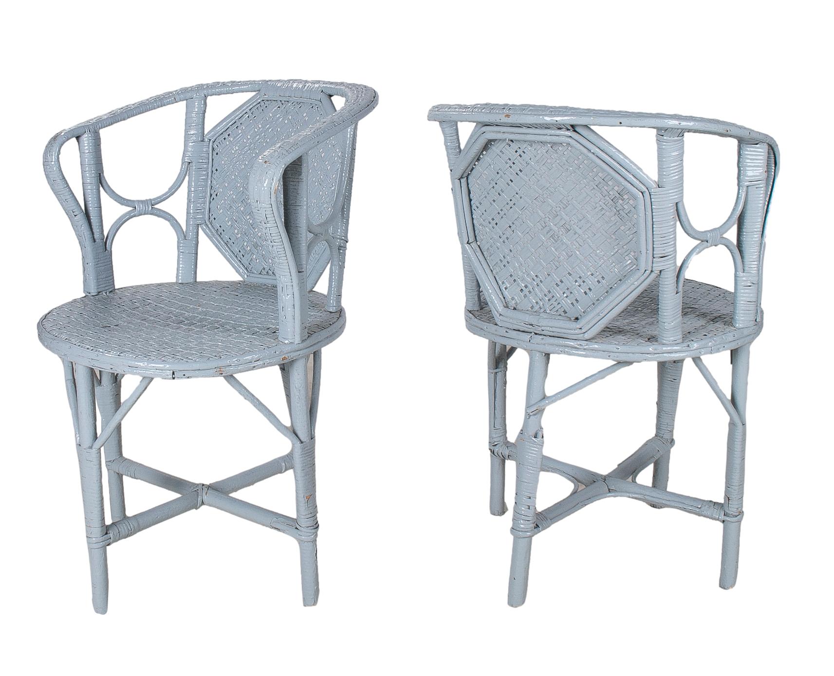 Vintage 1950s Spanish pair of white painted hand woven wicker and bamboo armchairs.