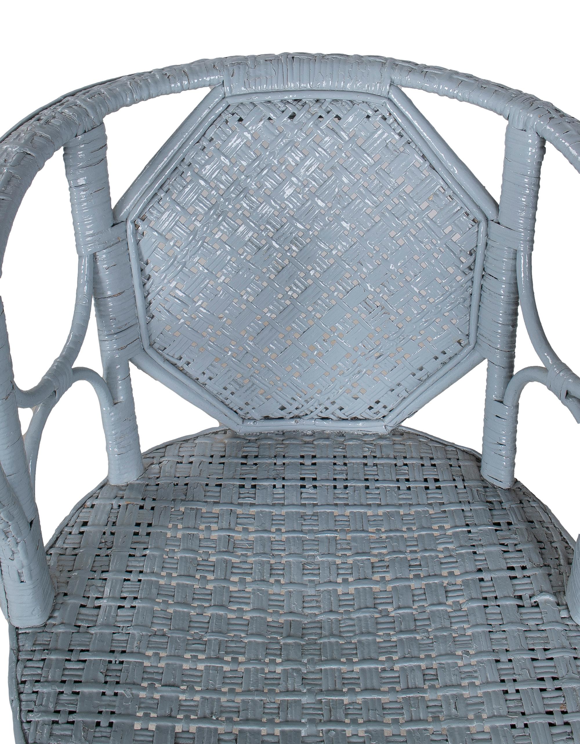 1950s Spanish Pair of White Woven Wicker & Bamboo Armchairs For Sale 4