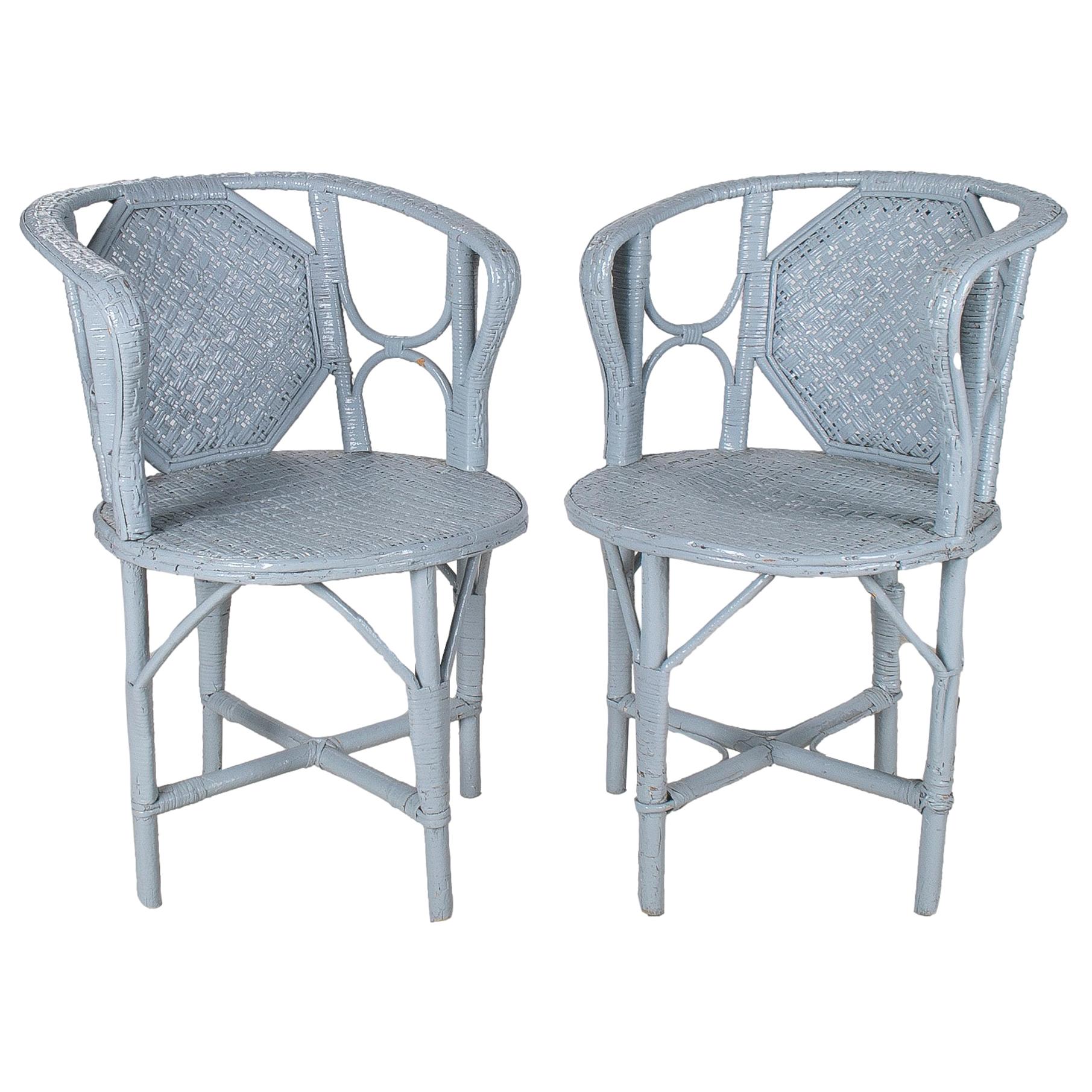 1950s Spanish Pair of White Woven Wicker & Bamboo Armchairs For Sale