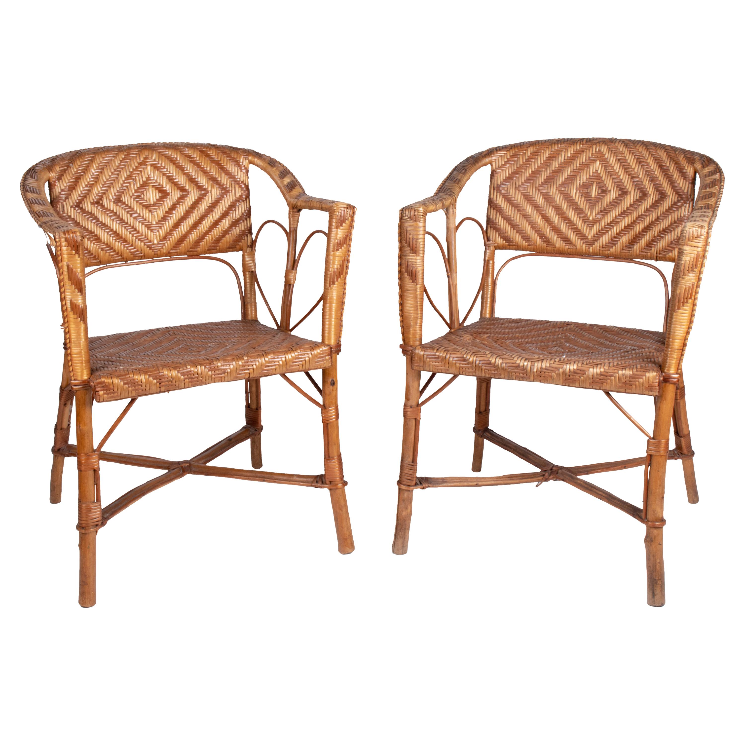 1950s Spanish Pair of Wicker on Wood Frame Chairs 