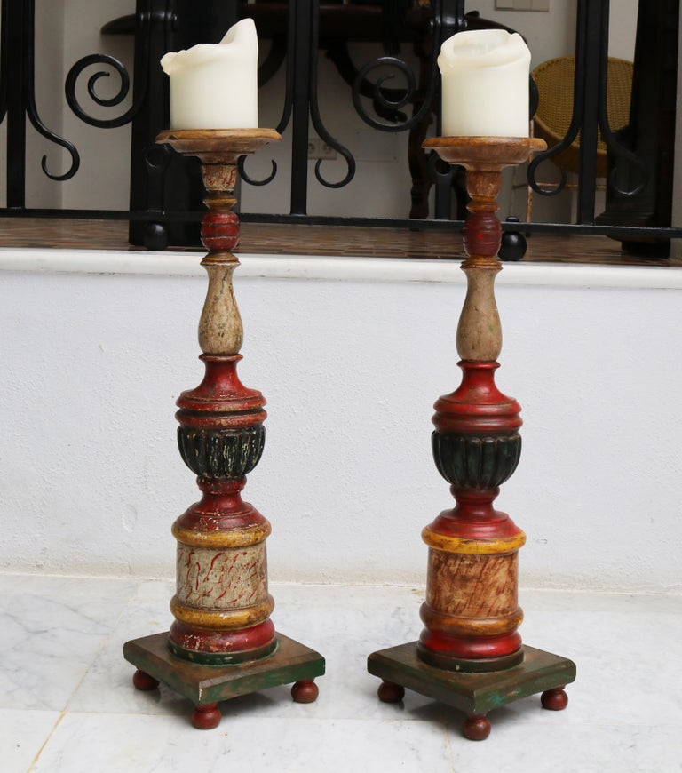 1950s Spanish Pair of Wooden Painted Candle Pricket Sticks at 1stDibs