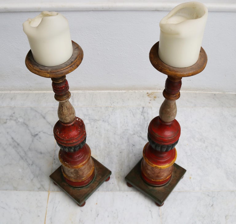 1950s Spanish Pair of Wooden Painted Candle Pricket Sticks at 1stDibs