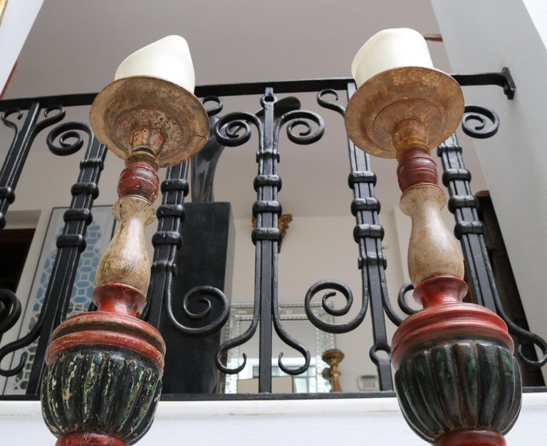 1950s Spanish Pair of Wooden Painted Candle Pricket Sticks at 1stDibs