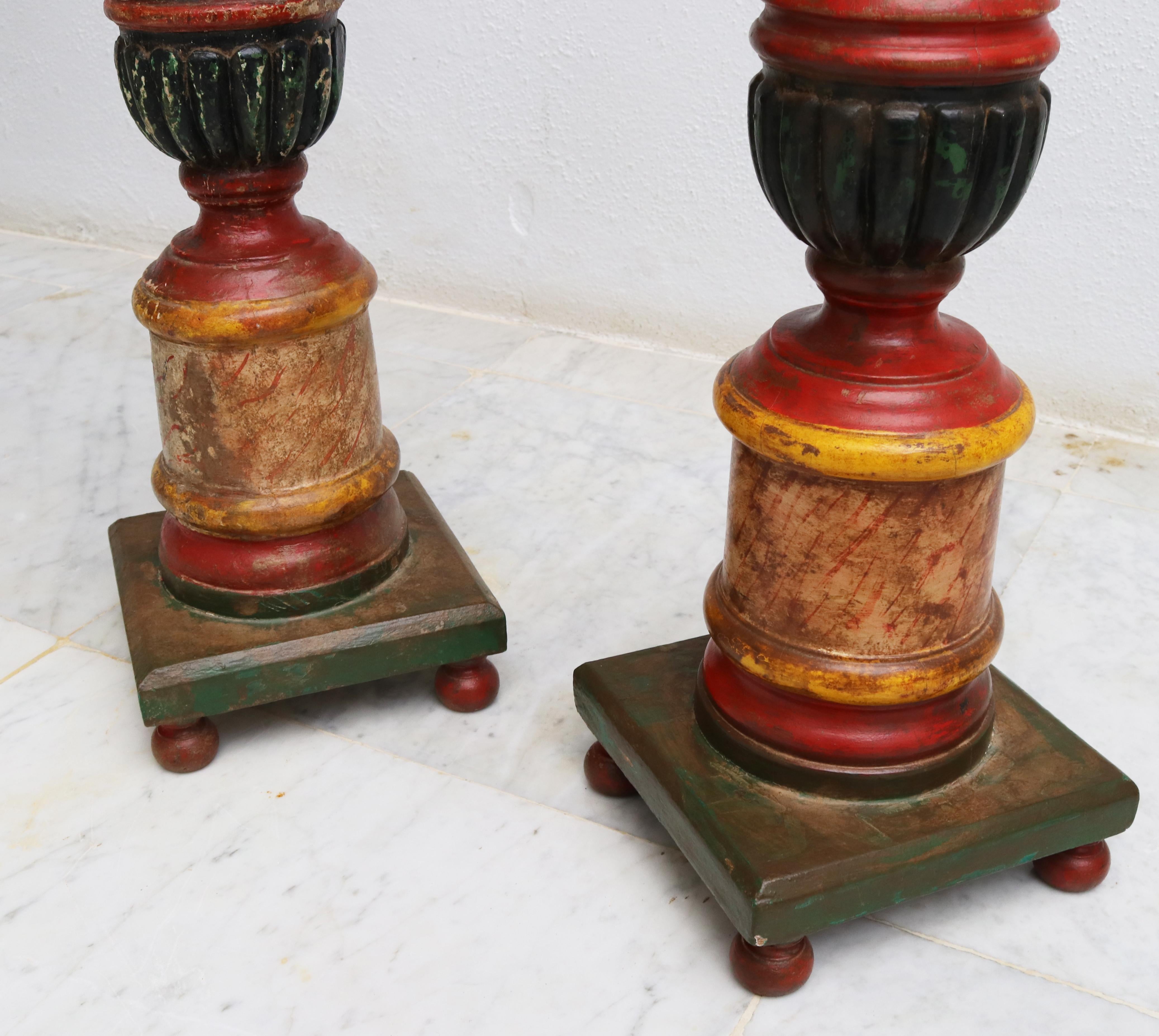 1950s Spanish Pair of Wooden Painted Candle Pricket Sticks In Good Condition In Marbella, ES