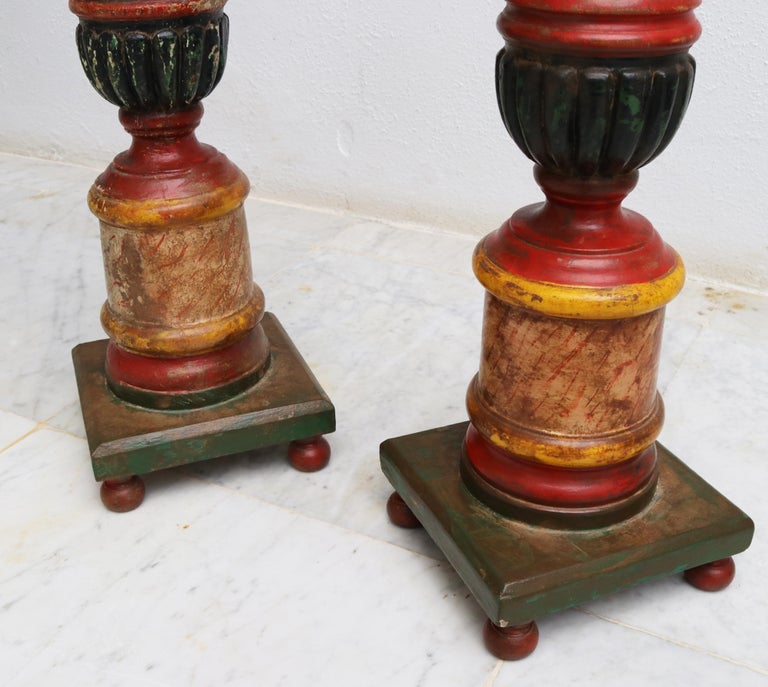 1950s Spanish Pair of Wooden Painted Candle Pricket Sticks at 1stDibs