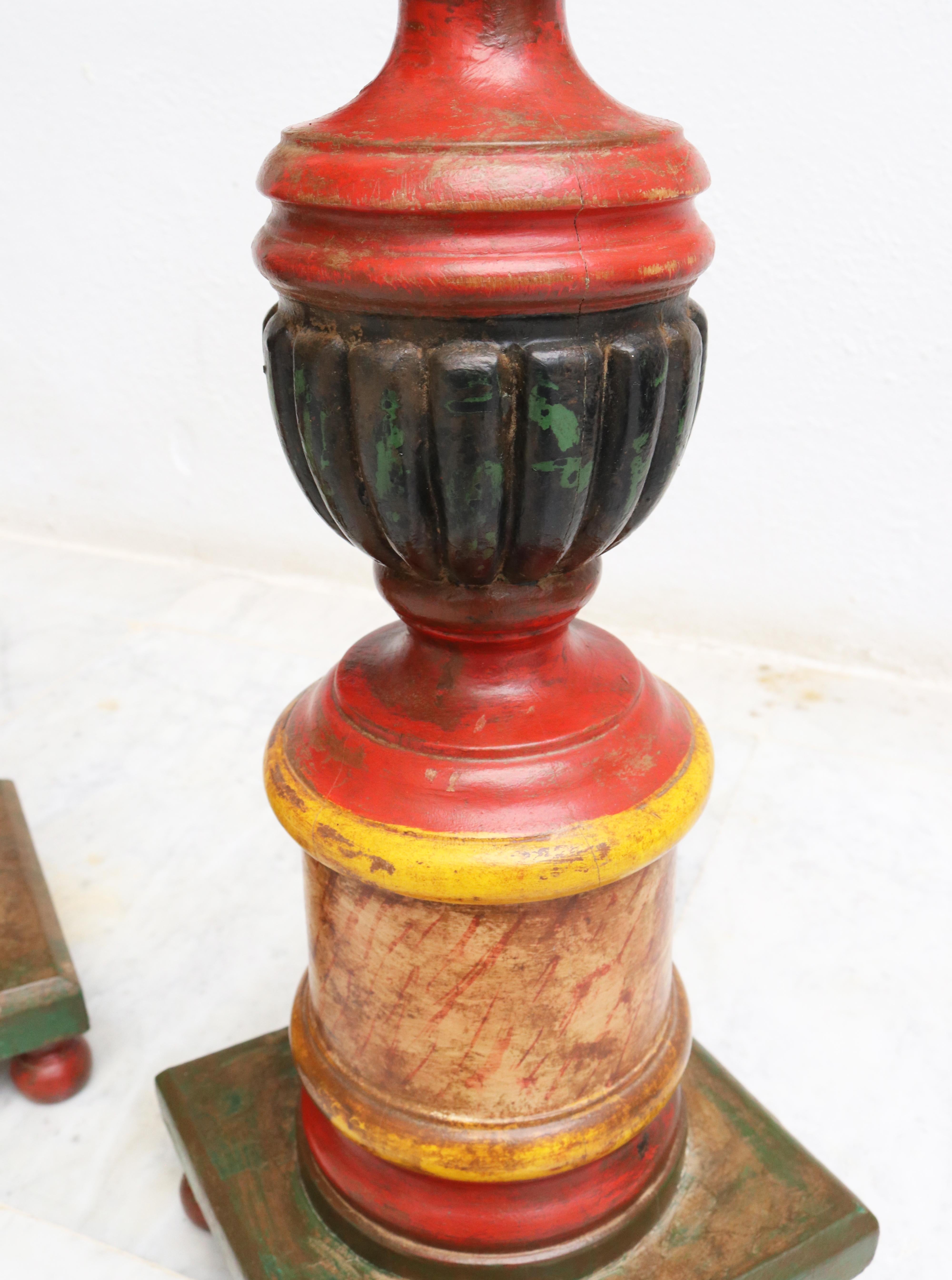 20th Century 1950s Spanish Pair of Wooden Painted Candle Pricket Sticks