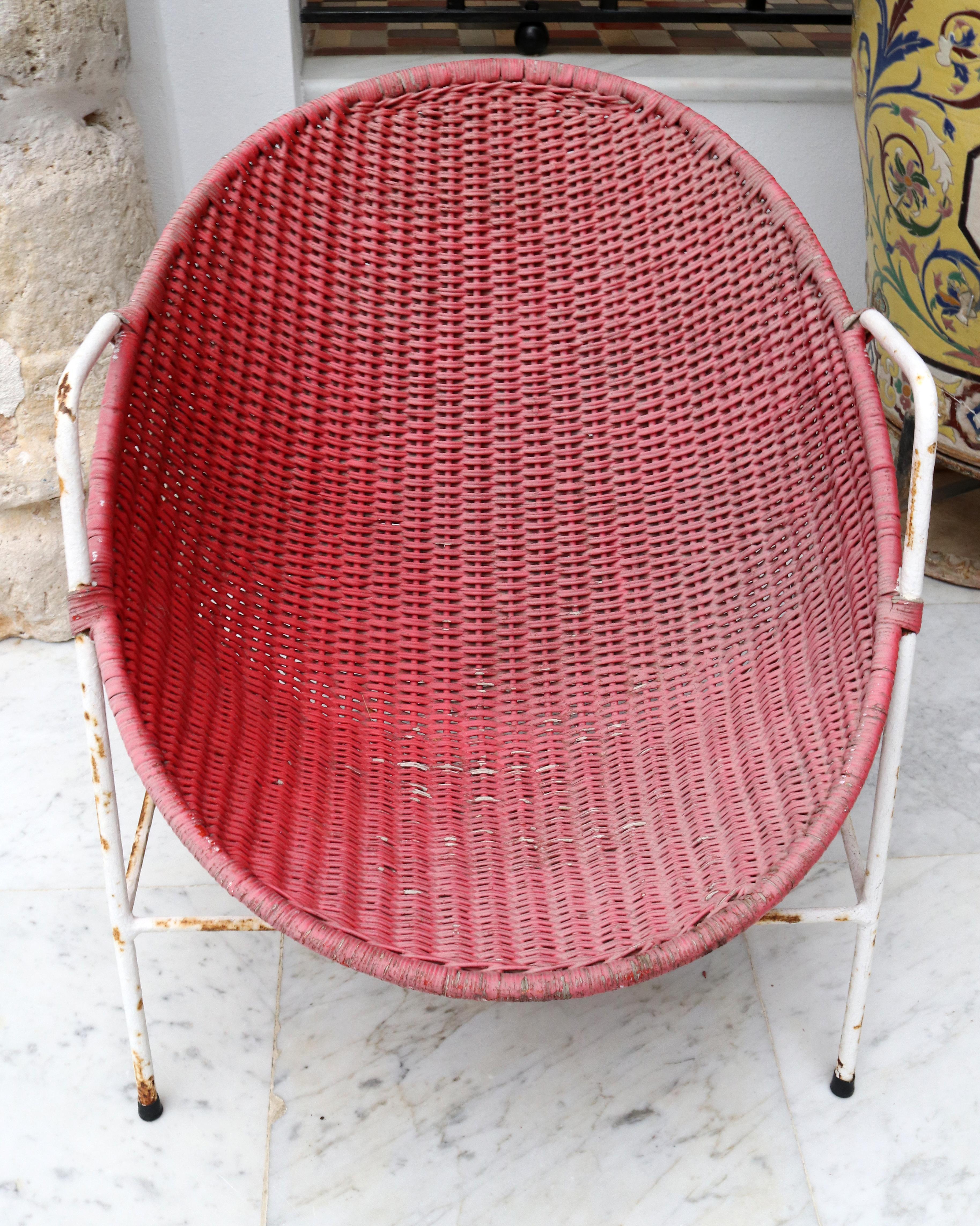 1950s Spanish Red and Yellow Handwoven Willow Wicker Armchairs with Iron Frame 6