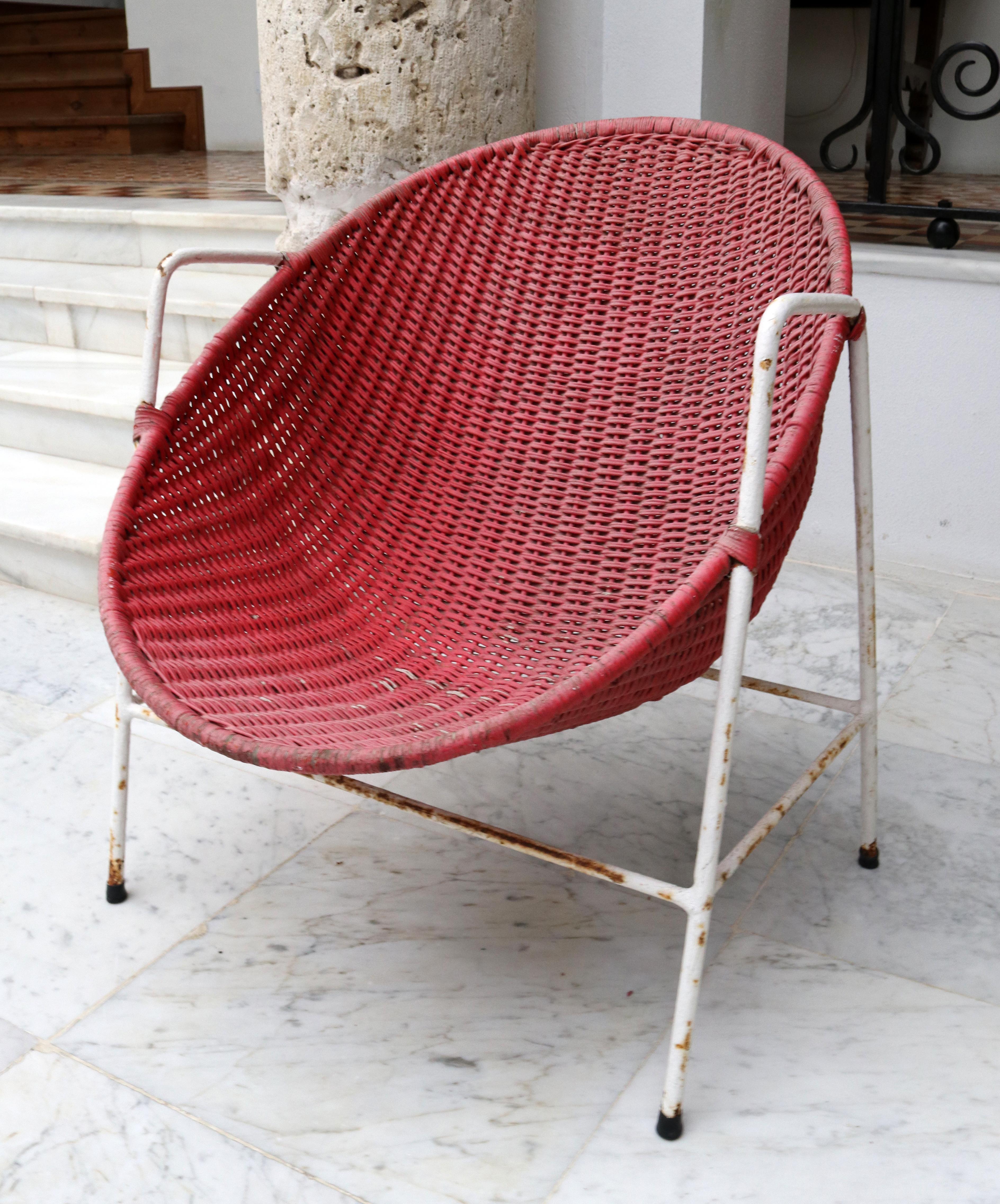 1950s Spanish Red and Yellow Handwoven Willow Wicker Armchairs with Iron Frame 7