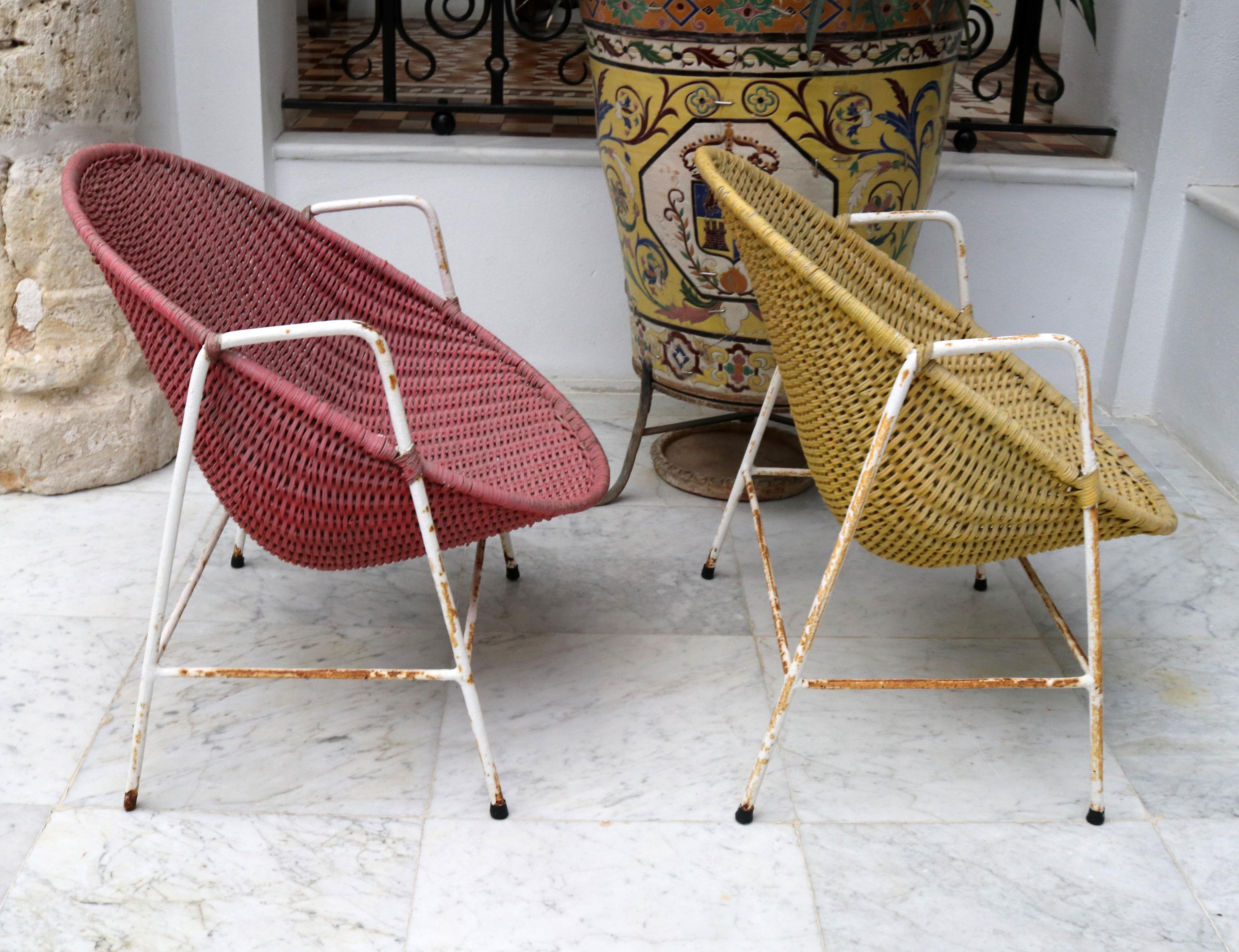 20th Century 1950s Spanish Red and Yellow Handwoven Willow Wicker Armchairs with Iron Frame