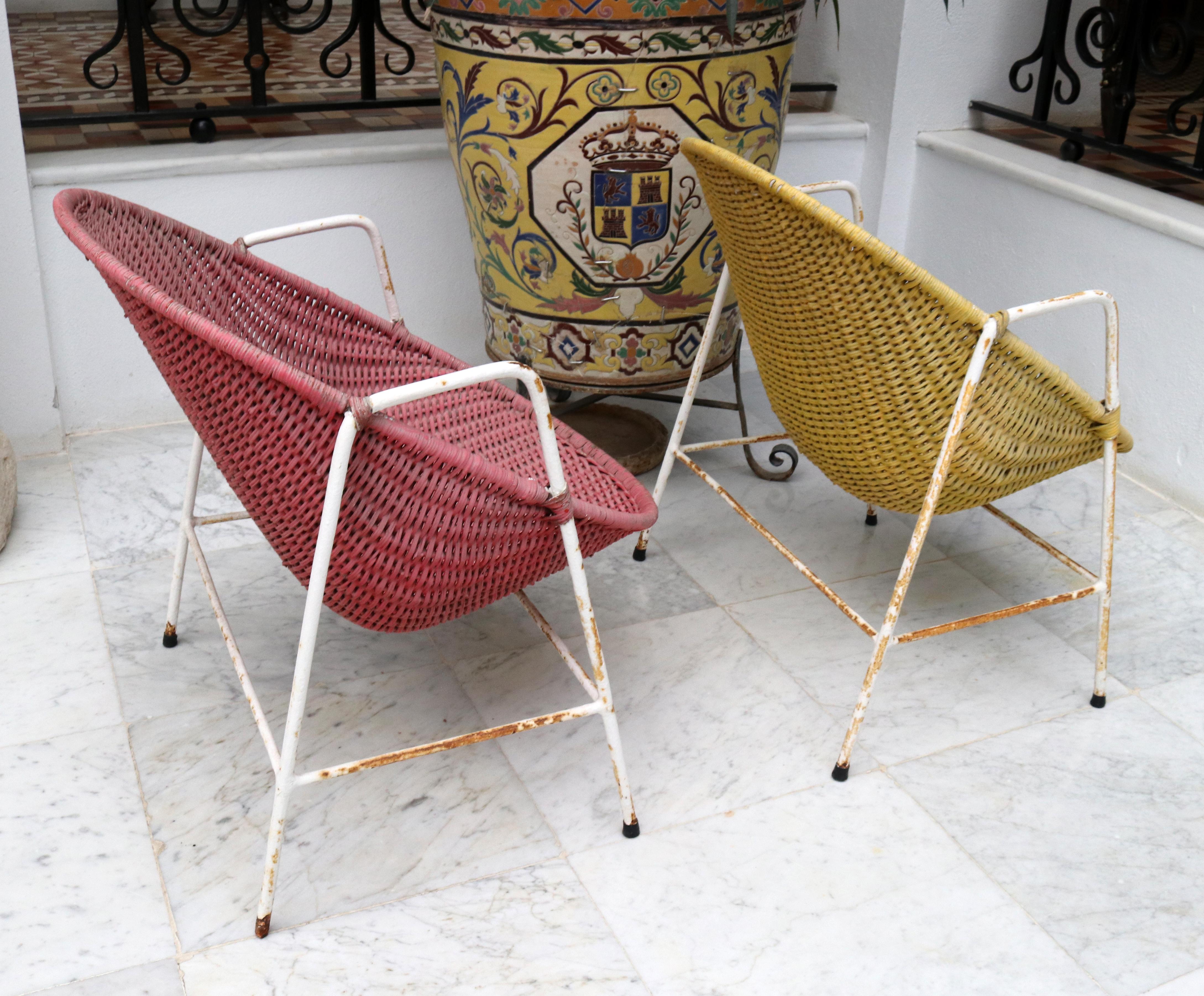 1950s Spanish Red and Yellow Handwoven Willow Wicker Armchairs with Iron Frame 1
