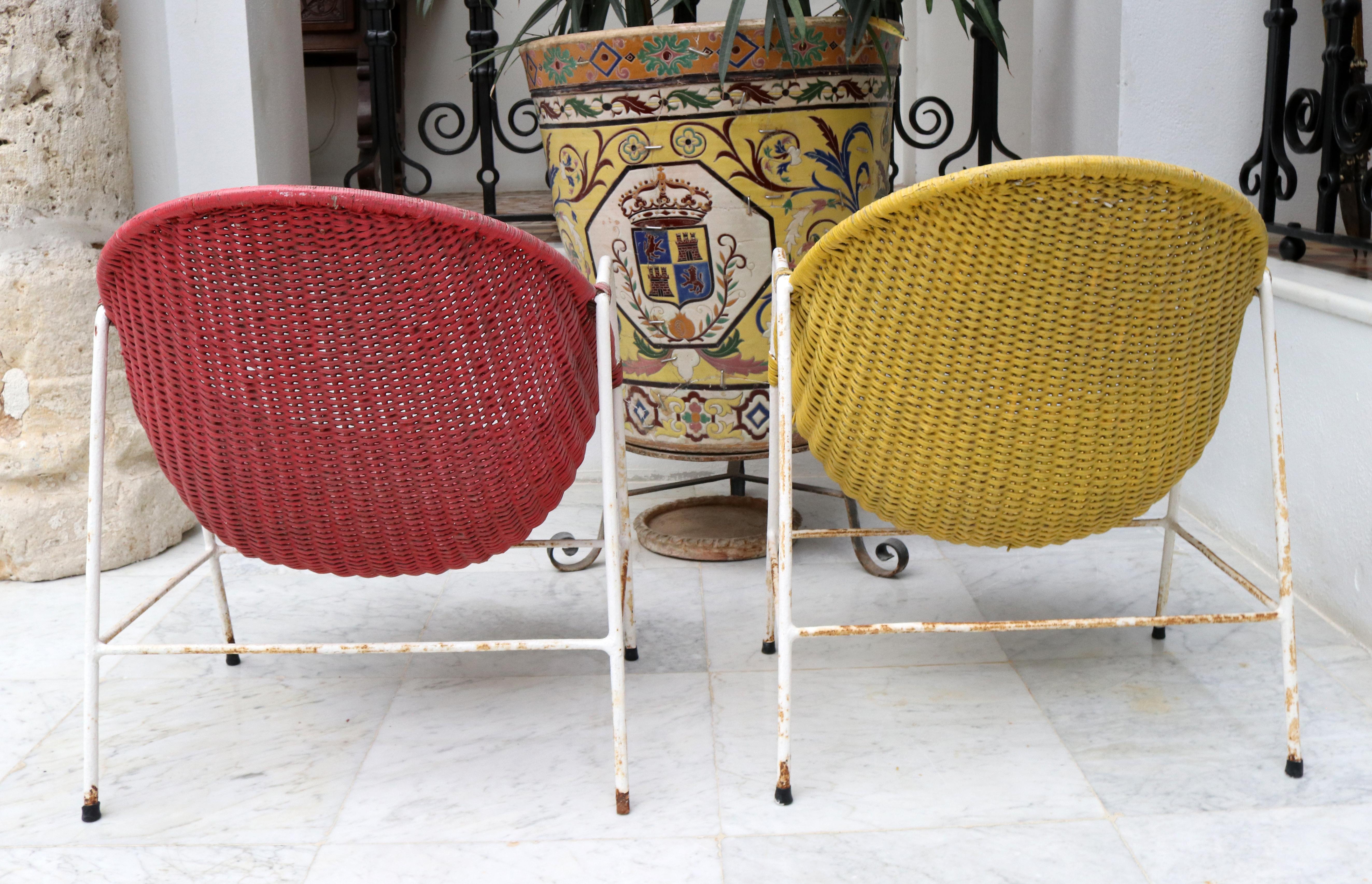 1950s Spanish Red and Yellow Handwoven Willow Wicker Armchairs with Iron Frame 2
