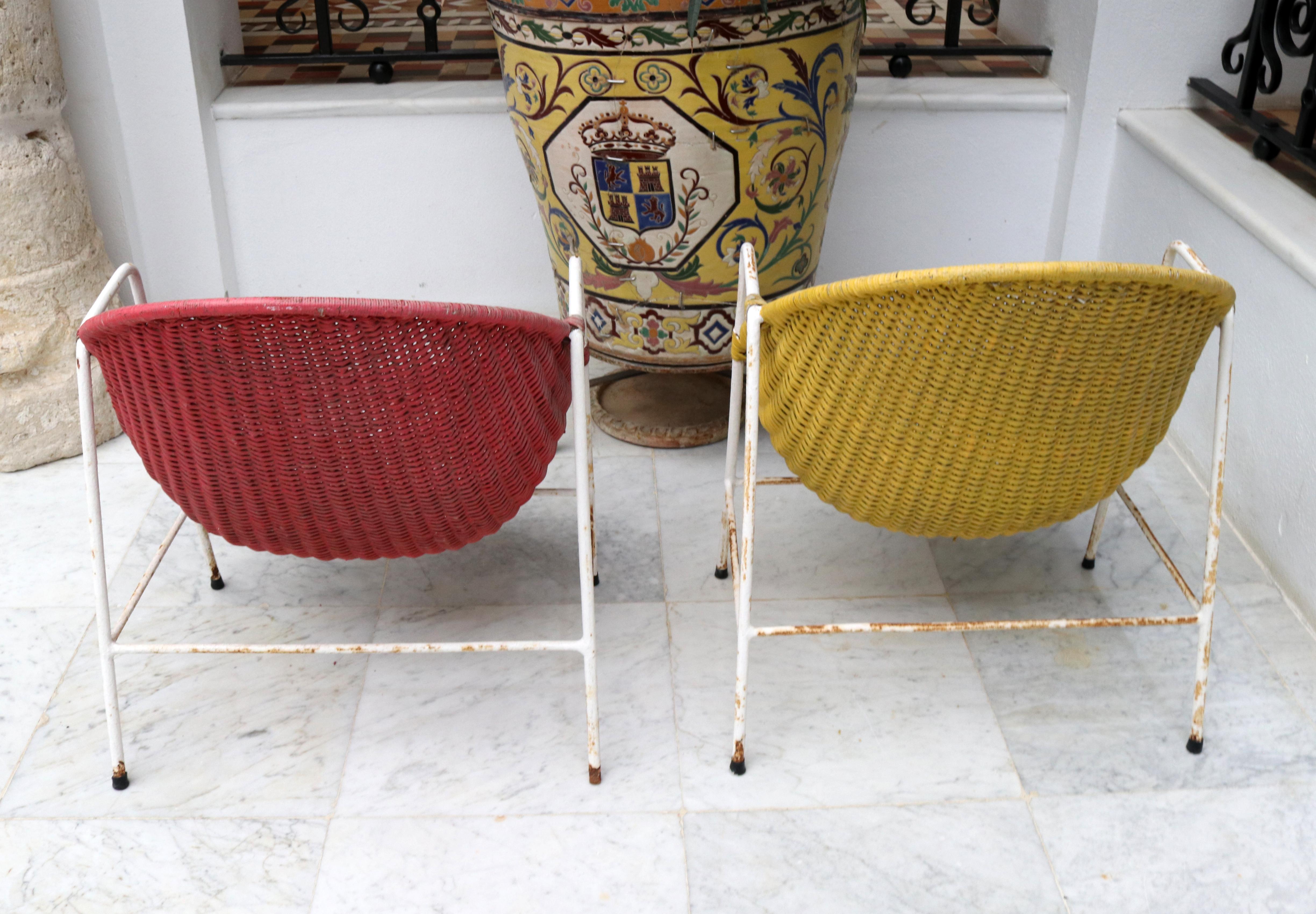 1950s Spanish Red and Yellow Handwoven Willow Wicker Armchairs with Iron Frame 3