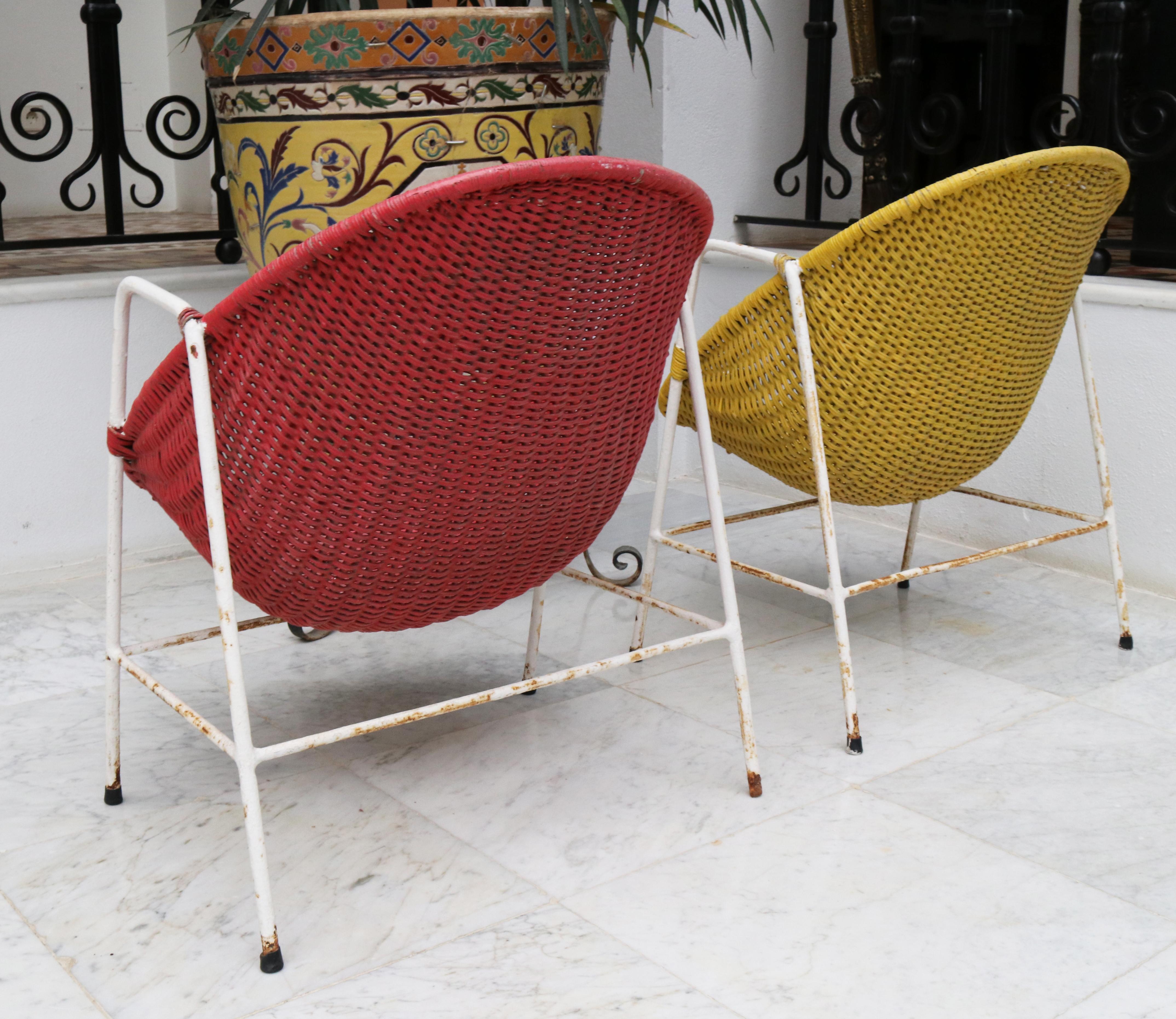 1950s Spanish Red and Yellow Handwoven Willow Wicker Armchairs with Iron Frame 4