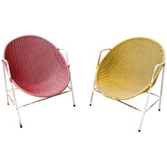 1950s Spanish Red and Yellow Handwoven Willow Wicker Armchairs with Iron Frame