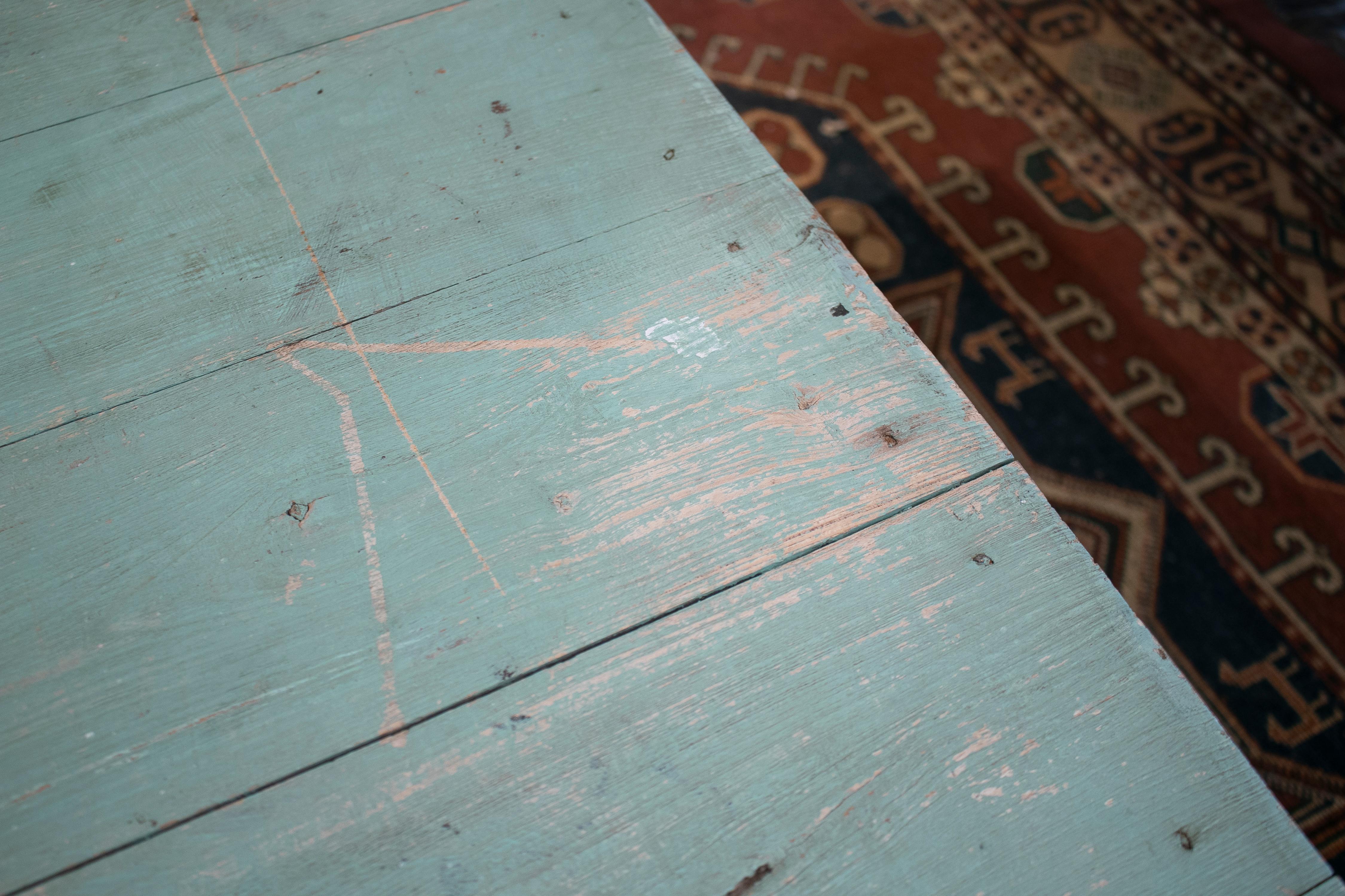 1950s Spanish Rustic Wooden Coffee Table Painted Turquoise Blue 5