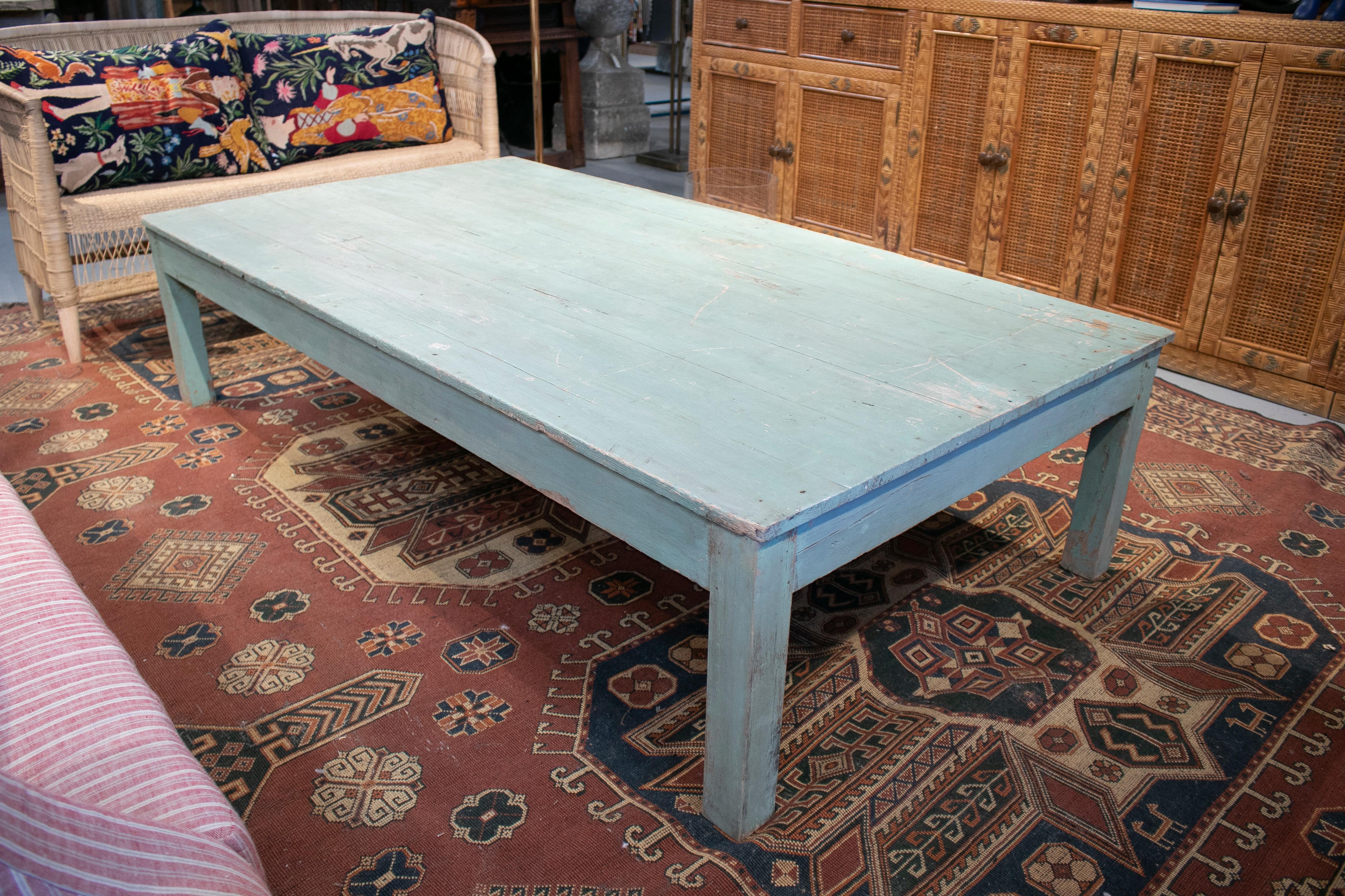 20th Century 1950s Spanish Rustic Wooden Coffee Table Painted Turquoise Blue
