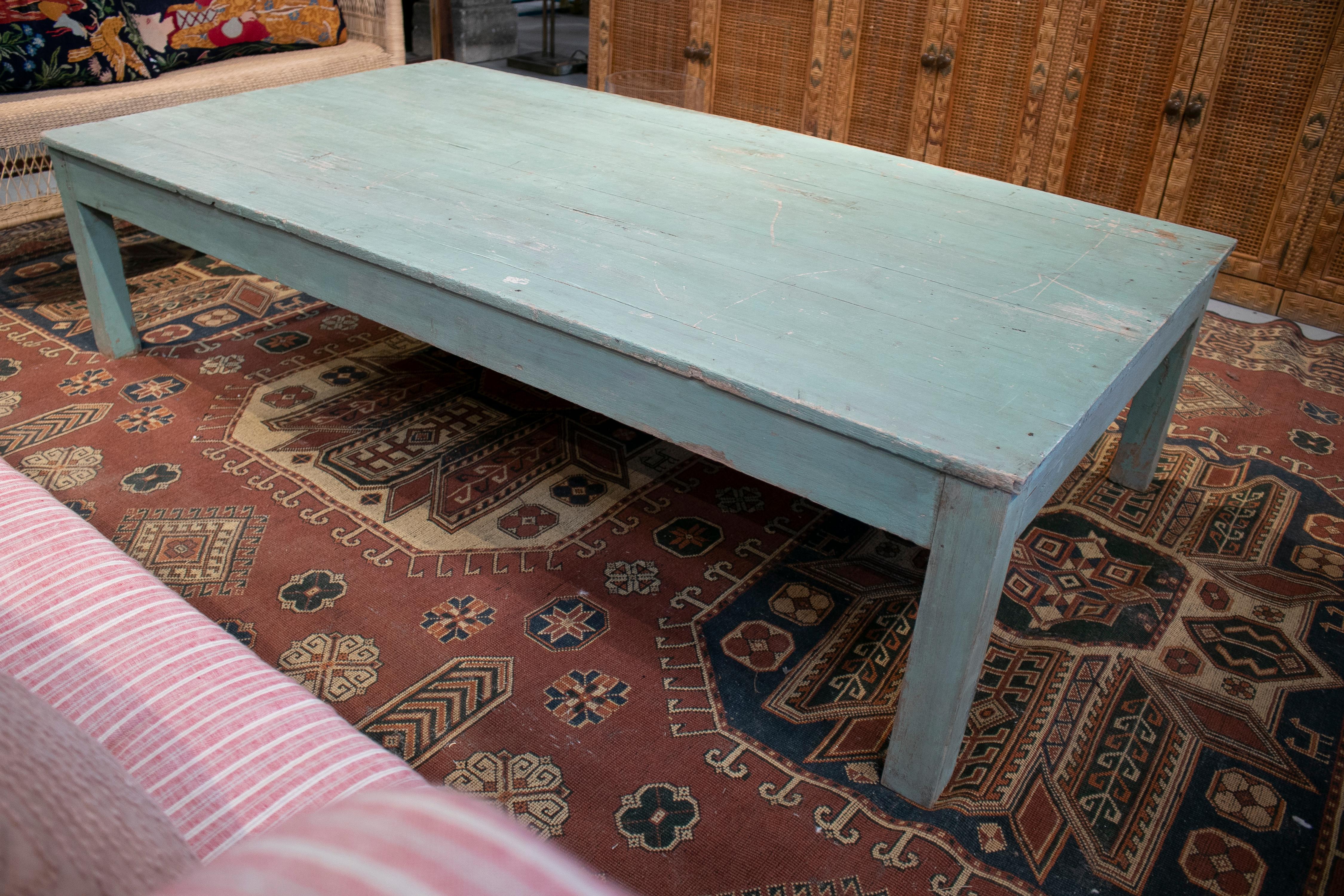 1950s Spanish Rustic Wooden Coffee Table Painted Turquoise Blue 1