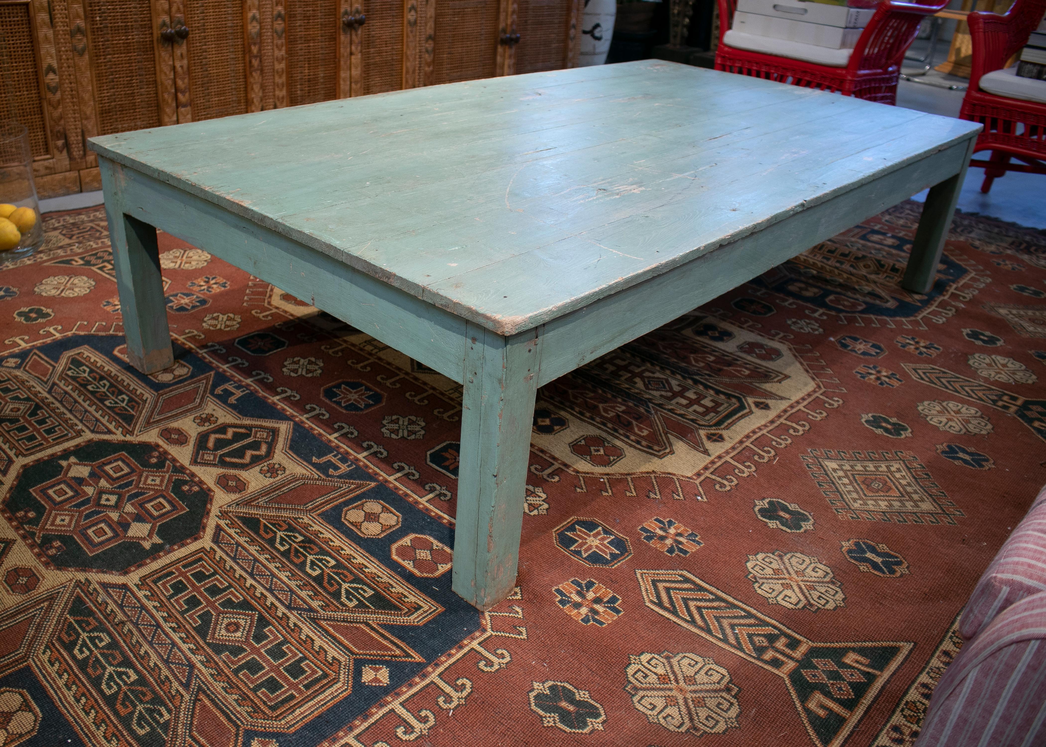1950s Spanish Rustic Wooden Coffee Table Painted Turquoise Blue 2