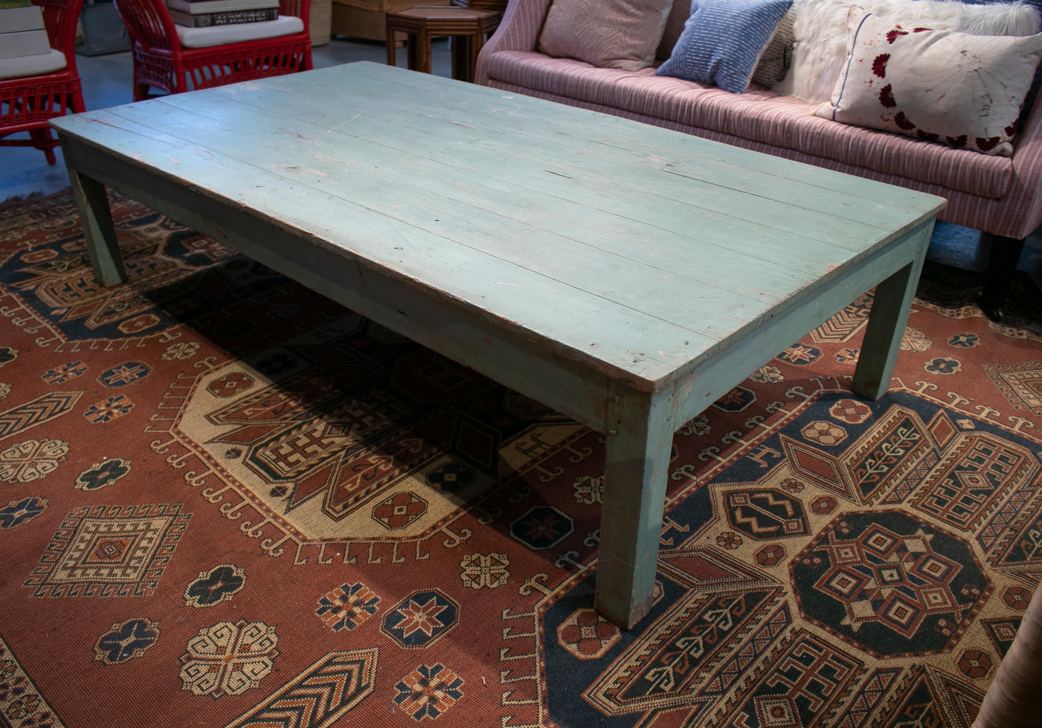 1950s Spanish Rustic Wooden Coffee Table Painted Turquoise Blue 3