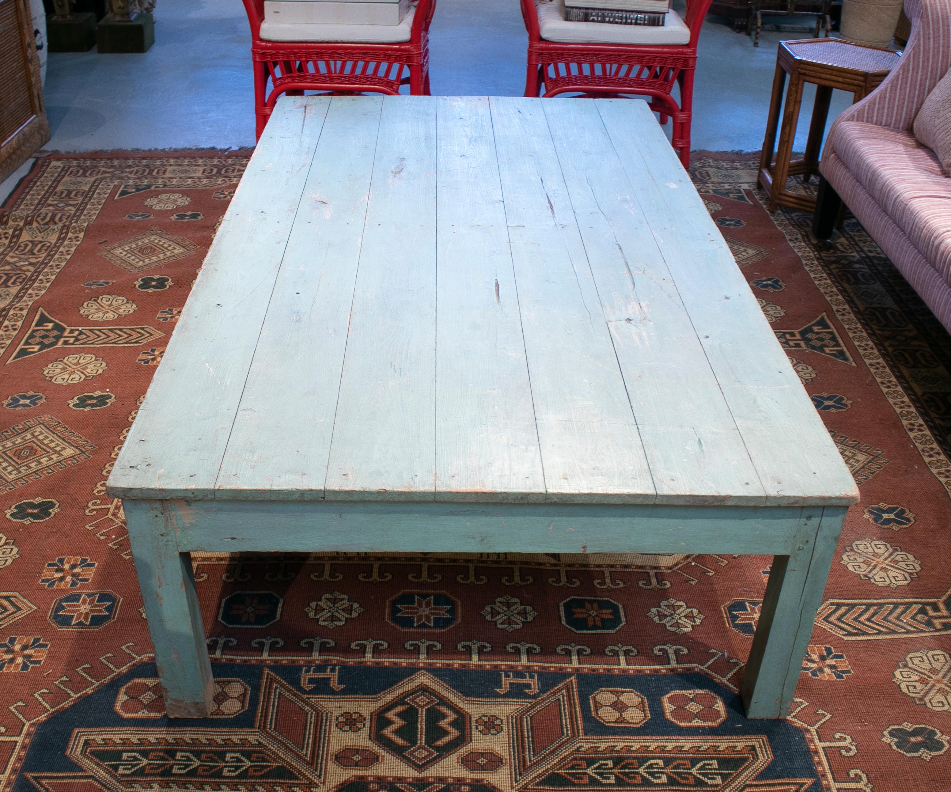 1950s Spanish Rustic Wooden Coffee Table Painted Turquoise Blue 4