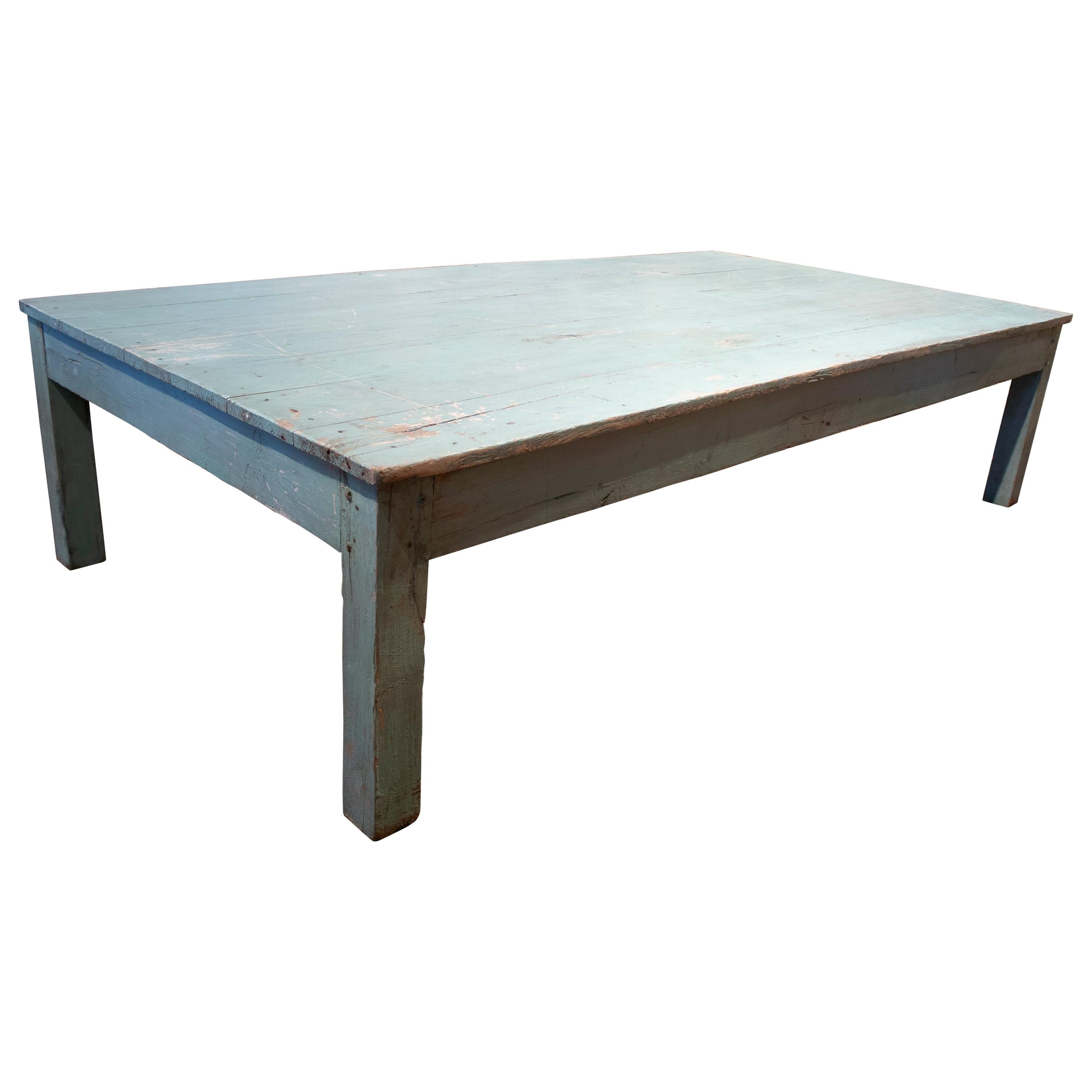 1950s Spanish Rustic Wooden Coffee Table Painted Turquoise Blue