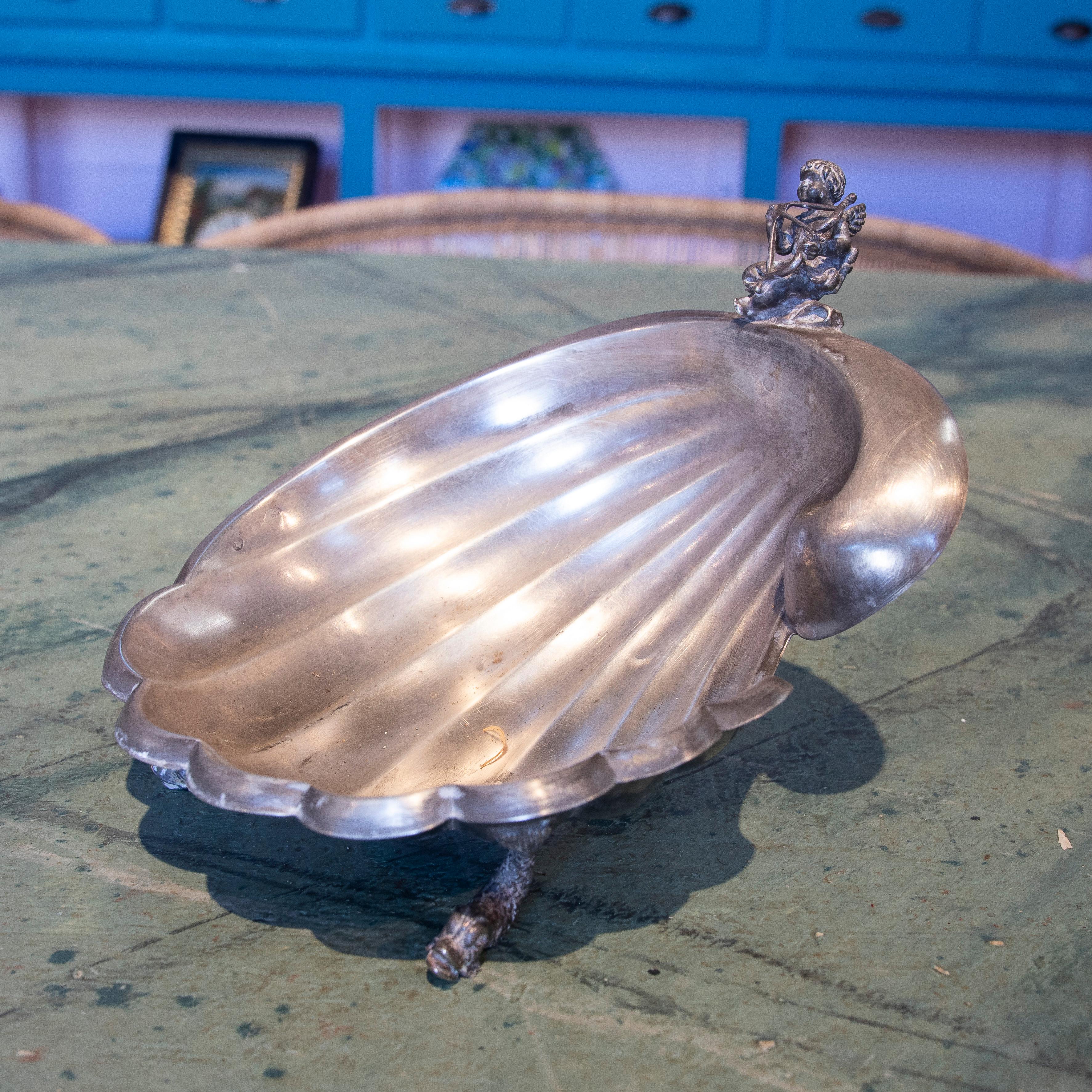 1950s Spanish Silver Conch Tray w/ Small Cupid Figure Atop For Sale 1