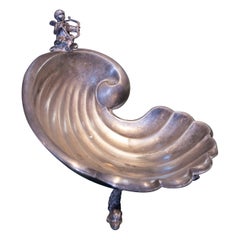 1950s Spanish Silver Conch Tray w/ Small Cupid Figure Atop