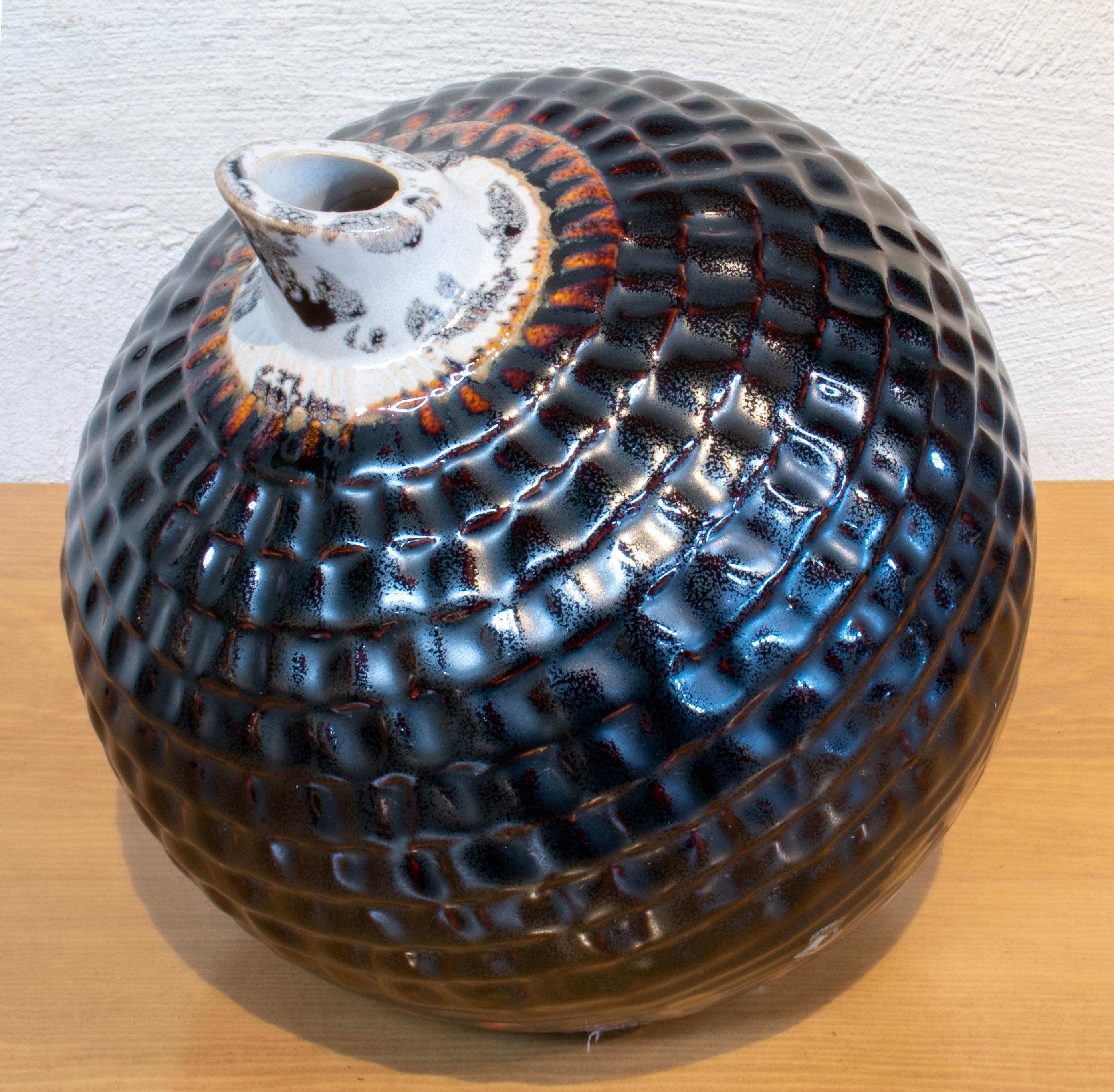 1950s Spanish Spherical Glazed Ceramic Vase in Dark Colors In Good Condition In Marbella, ES