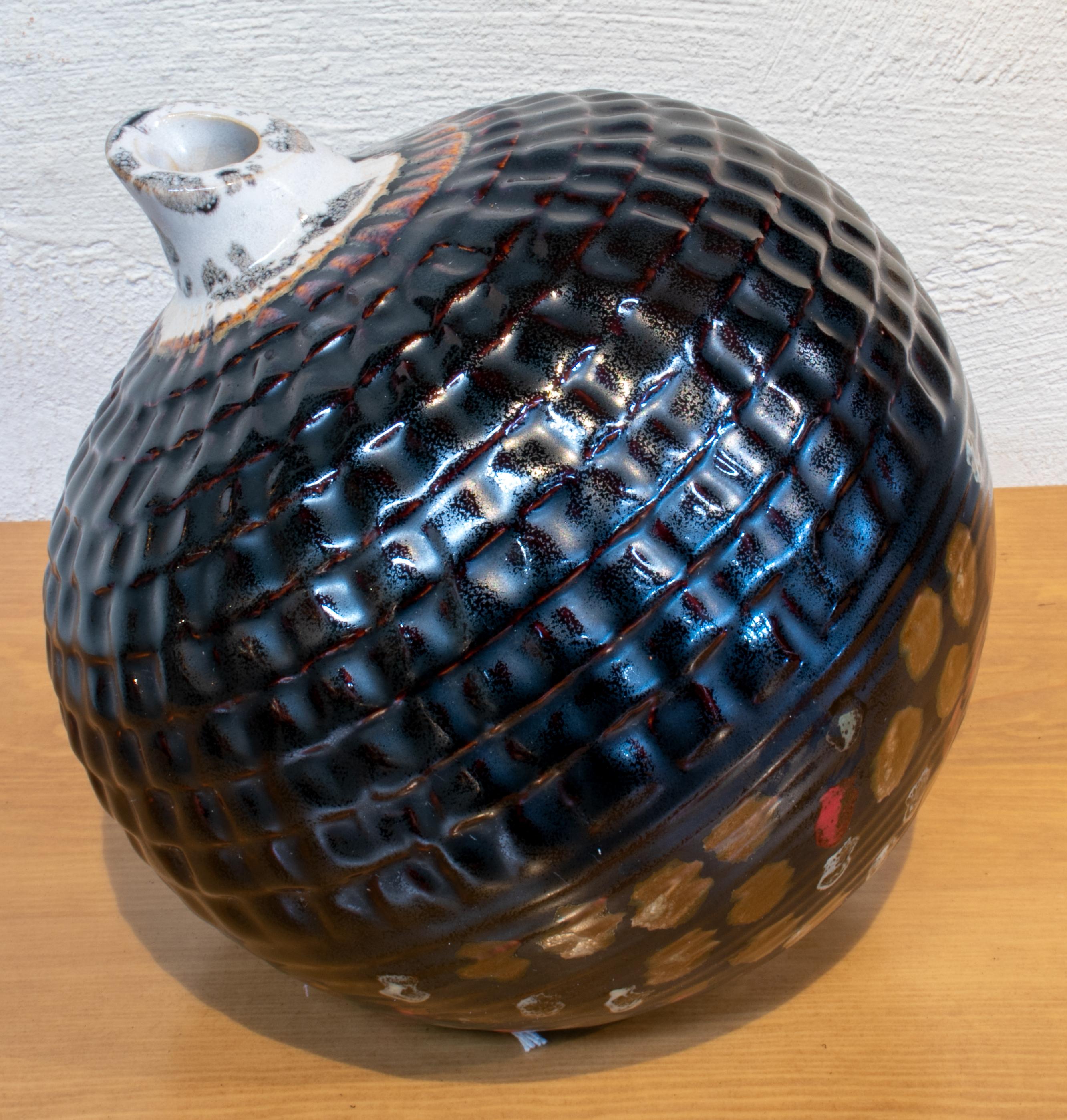 20th Century 1950s Spanish Spherical Glazed Ceramic Vase in Dark Colors