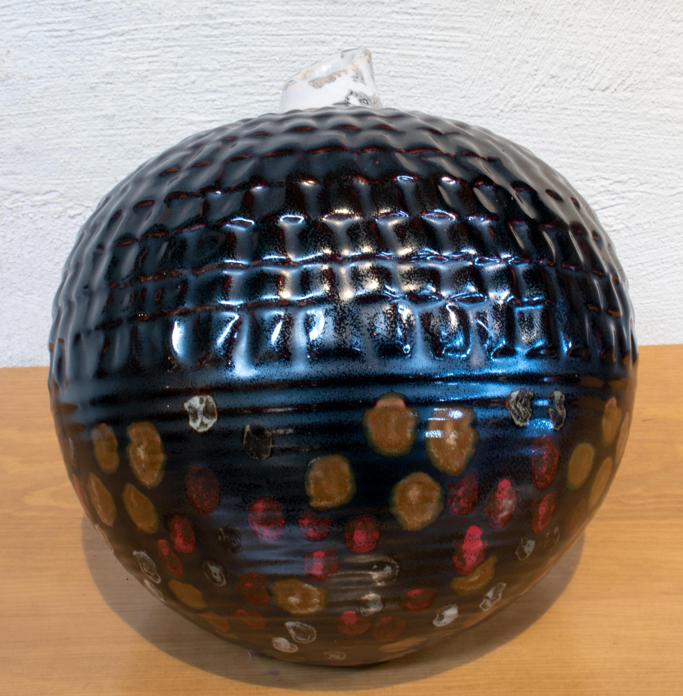 1950s Spanish Spherical Glazed Ceramic Vase in Dark Colors 1