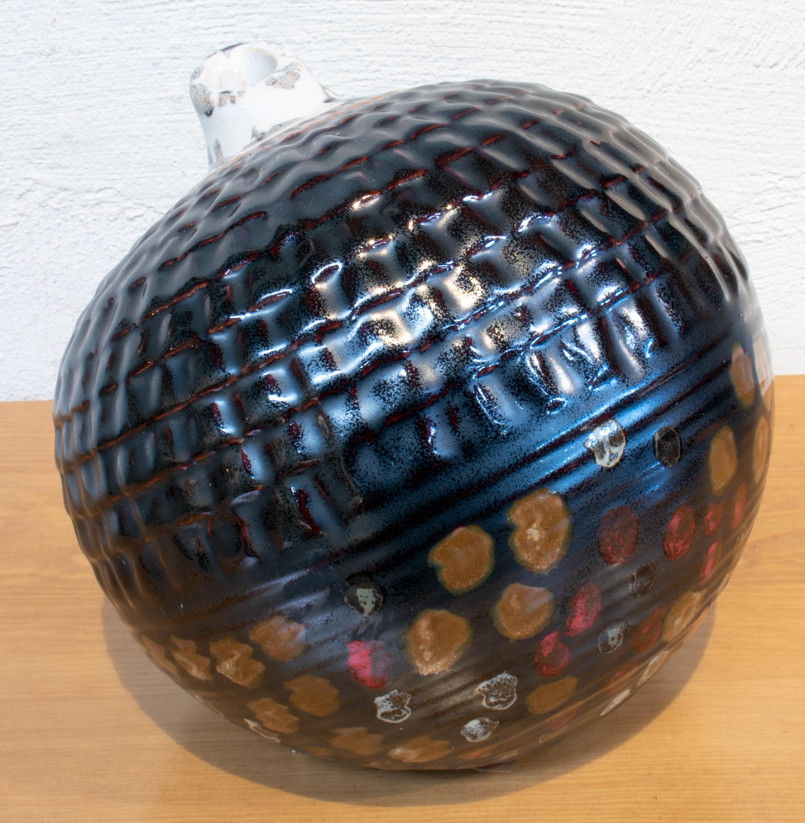1950s Spanish Spherical Glazed Ceramic Vase in Dark Colors 2