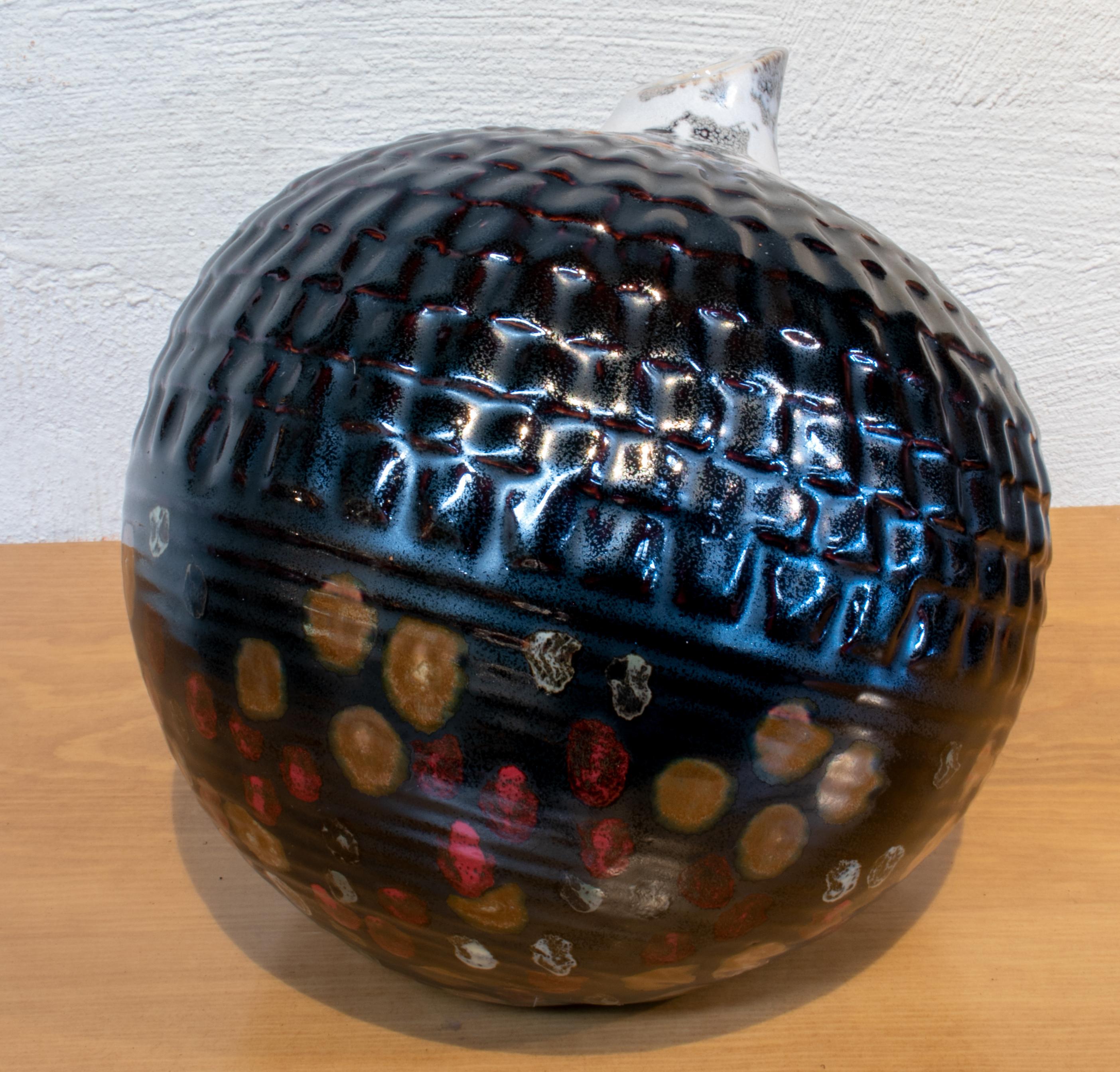 1950s Spanish Spherical Glazed Ceramic Vase in Dark Colors 3