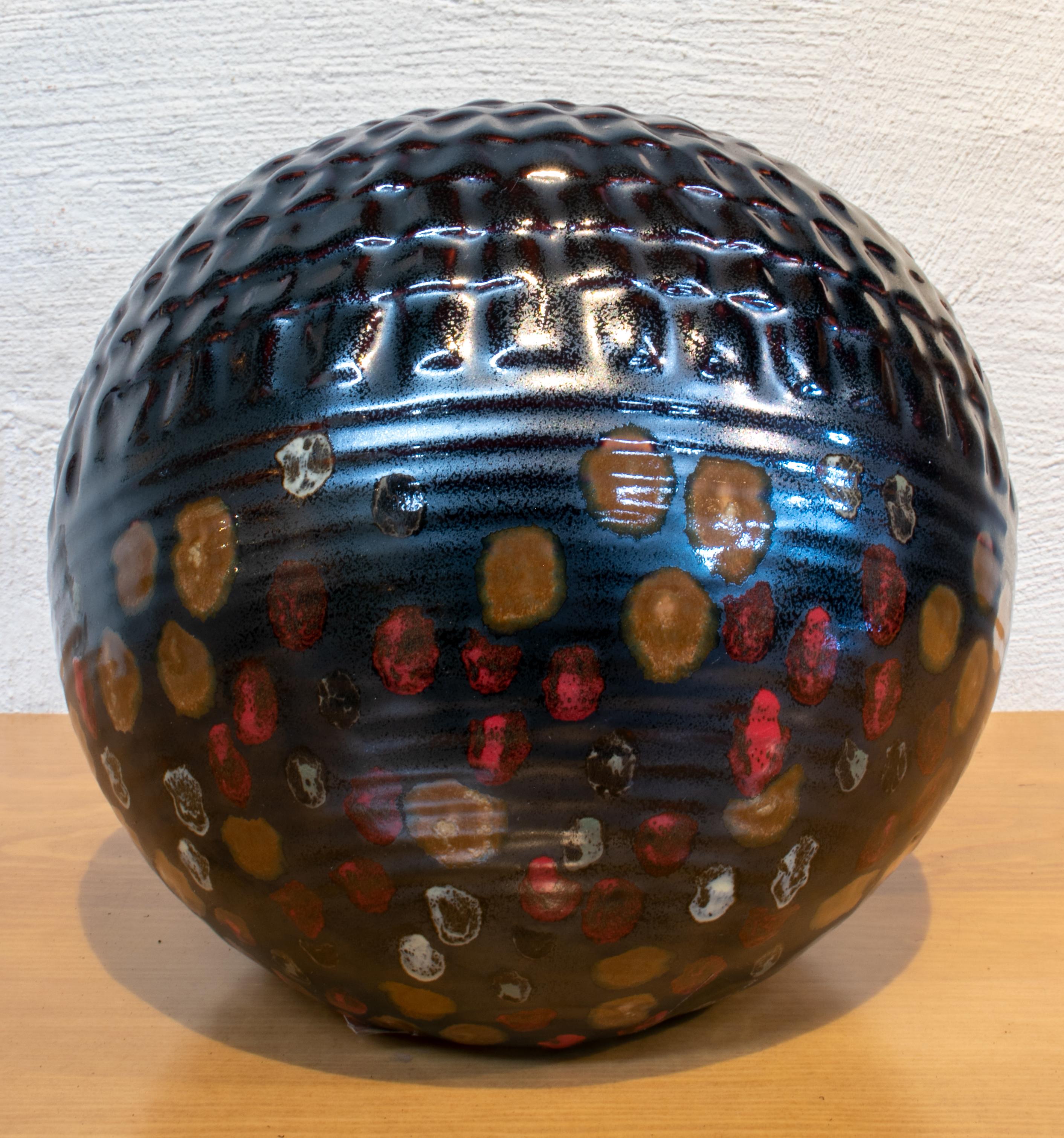 1950s Spanish Spherical Glazed Ceramic Vase in Dark Colors 4