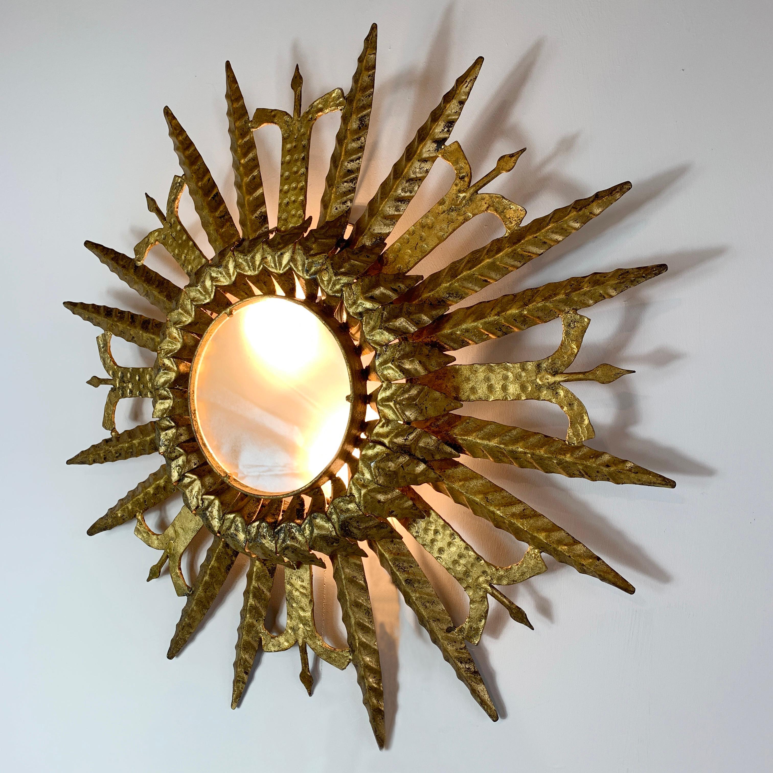 1950's Gold Spanish Sunburst Ceiling Light For Sale 2