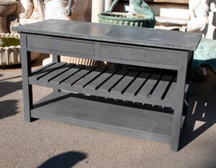 1950s Spanish Two-Drawer Industrial Shelved Wooden Table with Metal Plated Top