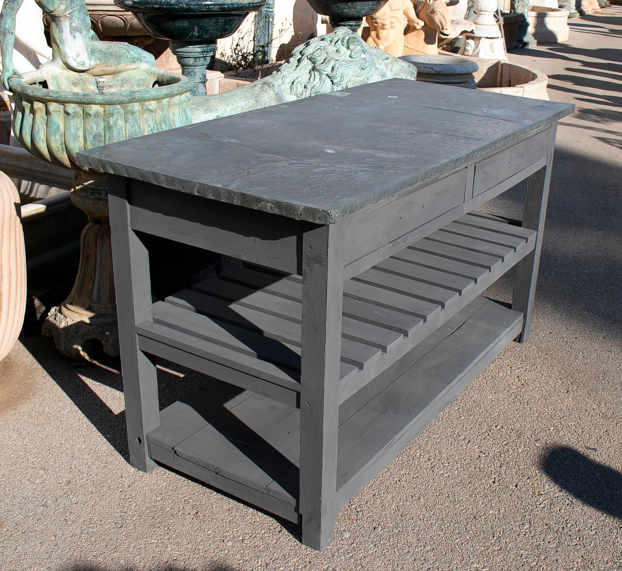 20th Century 1950s Spanish Two-Drawer Industrial Shelved Wooden Table with Metal Plated Top For Sale