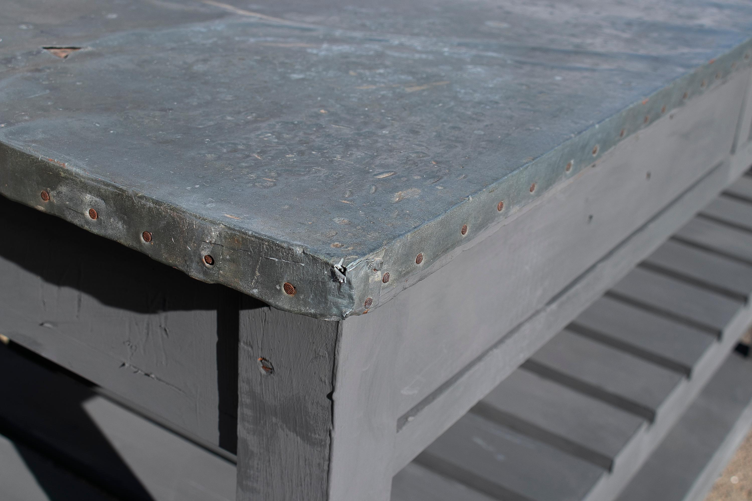 1950s Spanish Two-Drawer Industrial Shelved Wooden Table with Metal Plated Top For Sale 4
