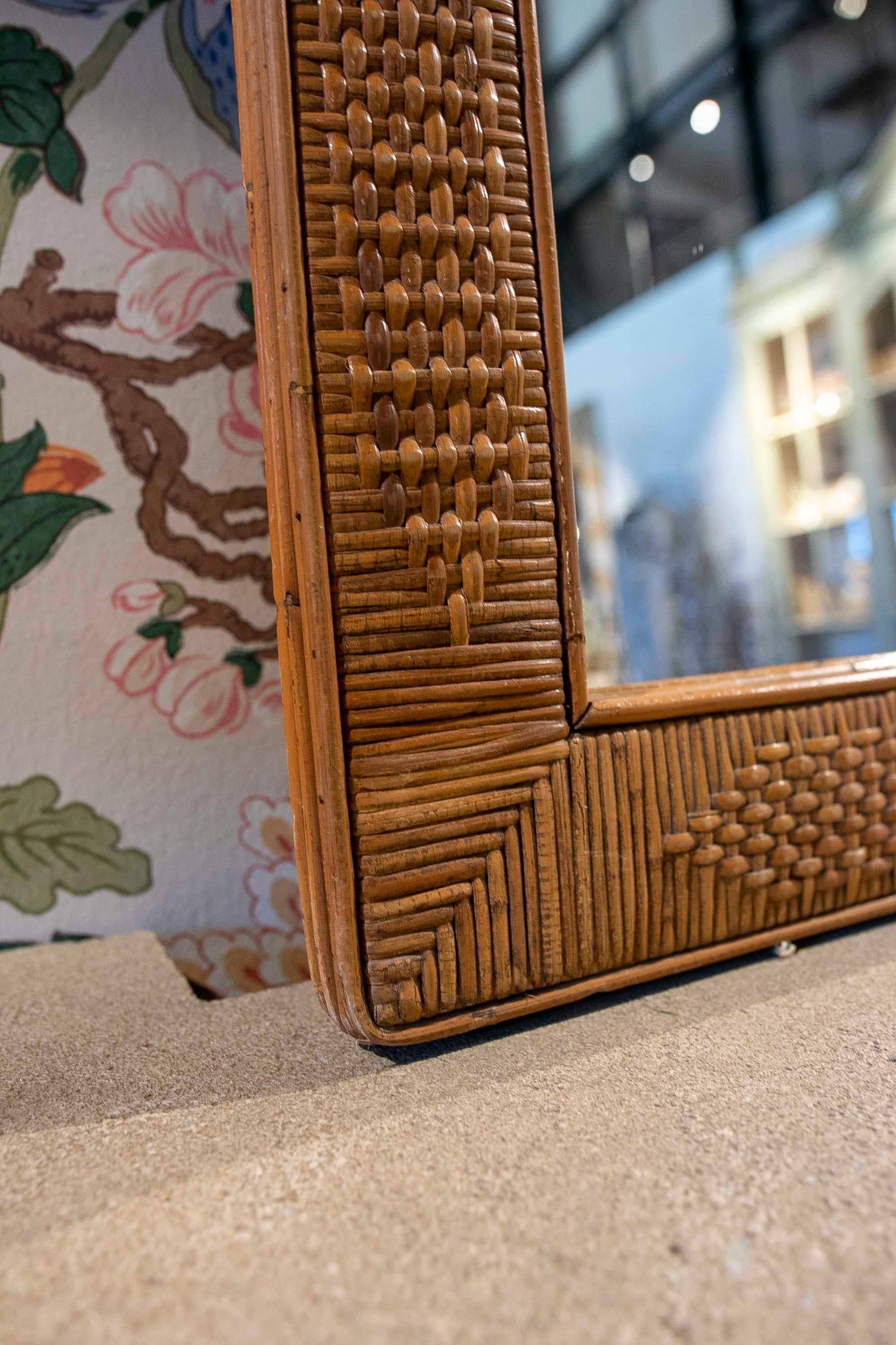 1950s Spanish Wall Mirror with Wooden Frame and Wicker Decoration 8