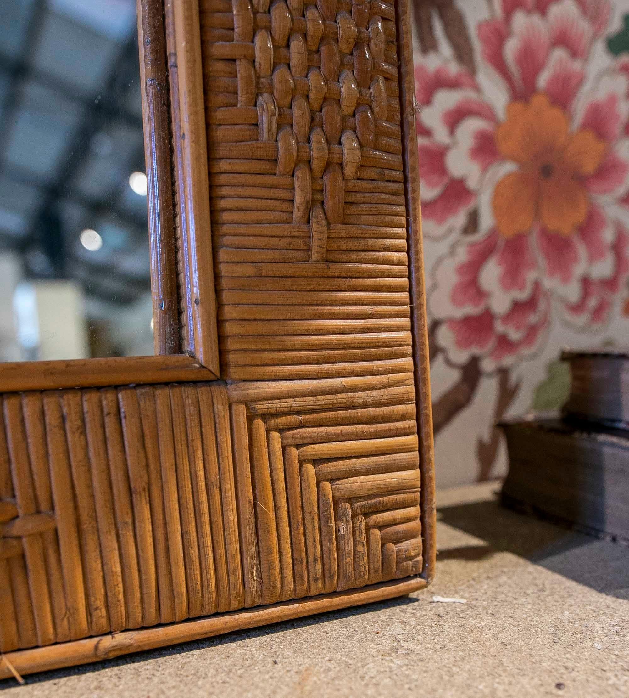 20th Century 1950s Spanish Wall Mirror with Wooden Frame and Wicker Decoration